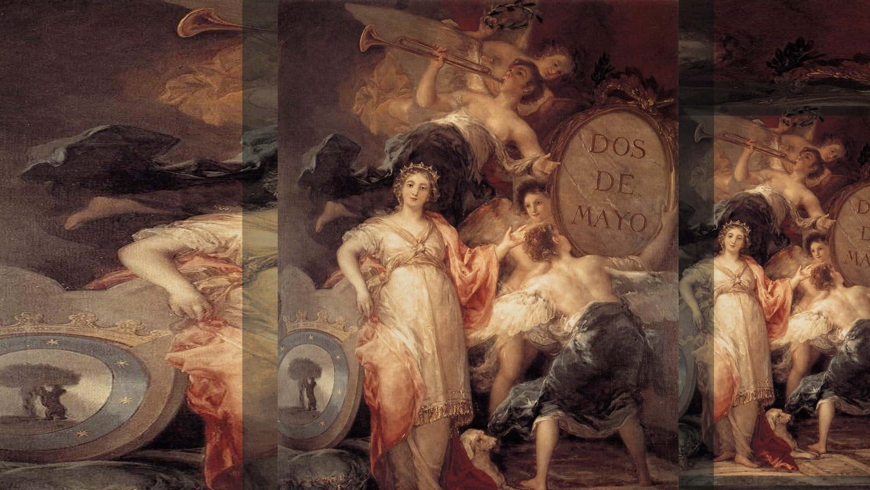 Romanticism 桌布 壁紙 — 一幅古典繪畫描繪了一位身穿飄逸長袍的中央女性形象，周圍環繞著小天使和寓意象徵，包括一個刻有「DOS DE MAYO」的盾牌。