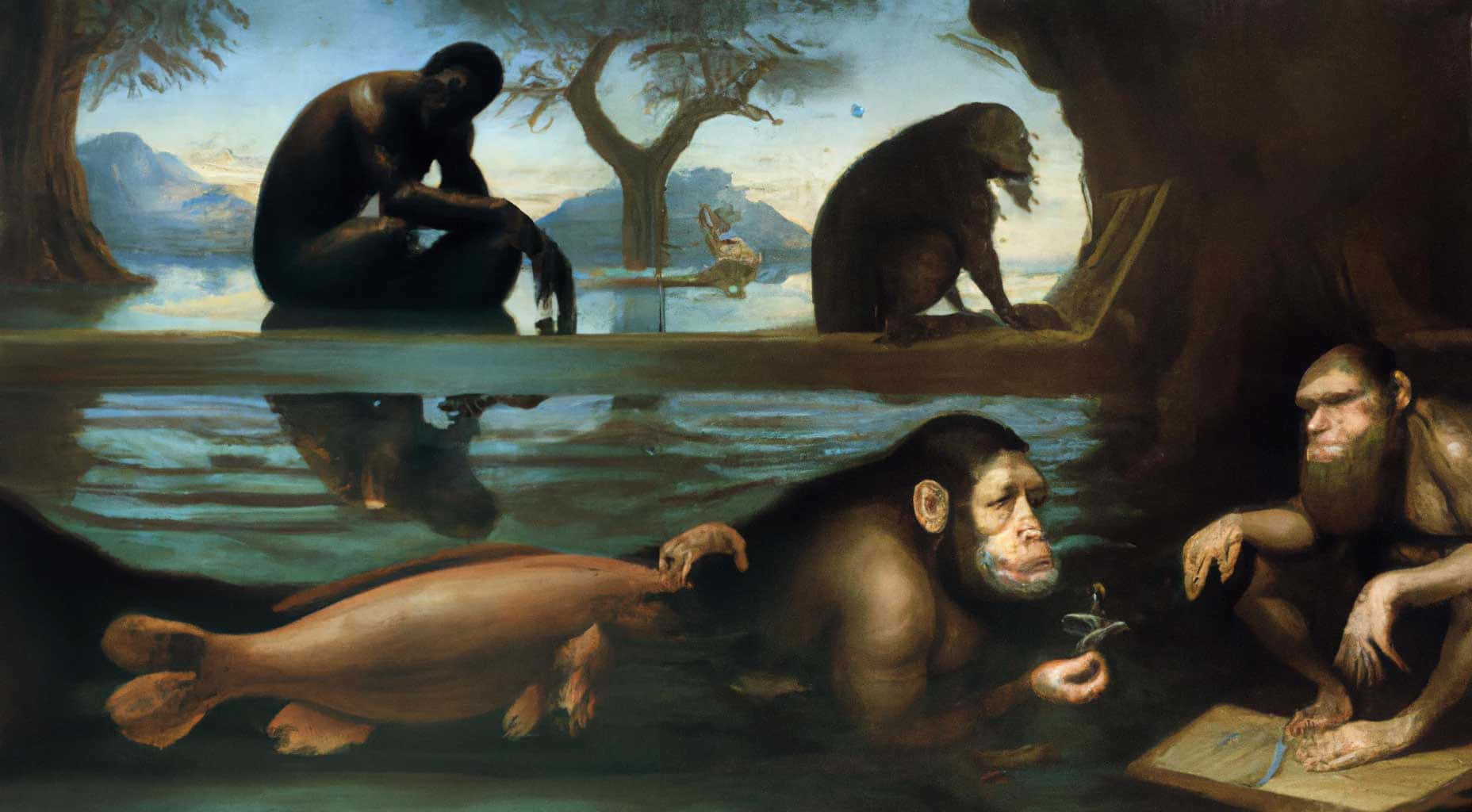 Ape 桌布 壁紙 — 一幅古典繪畫描繪了史前人類和猿類在一個分裂的場景中，帶有水的倒影和遠處的山脈。