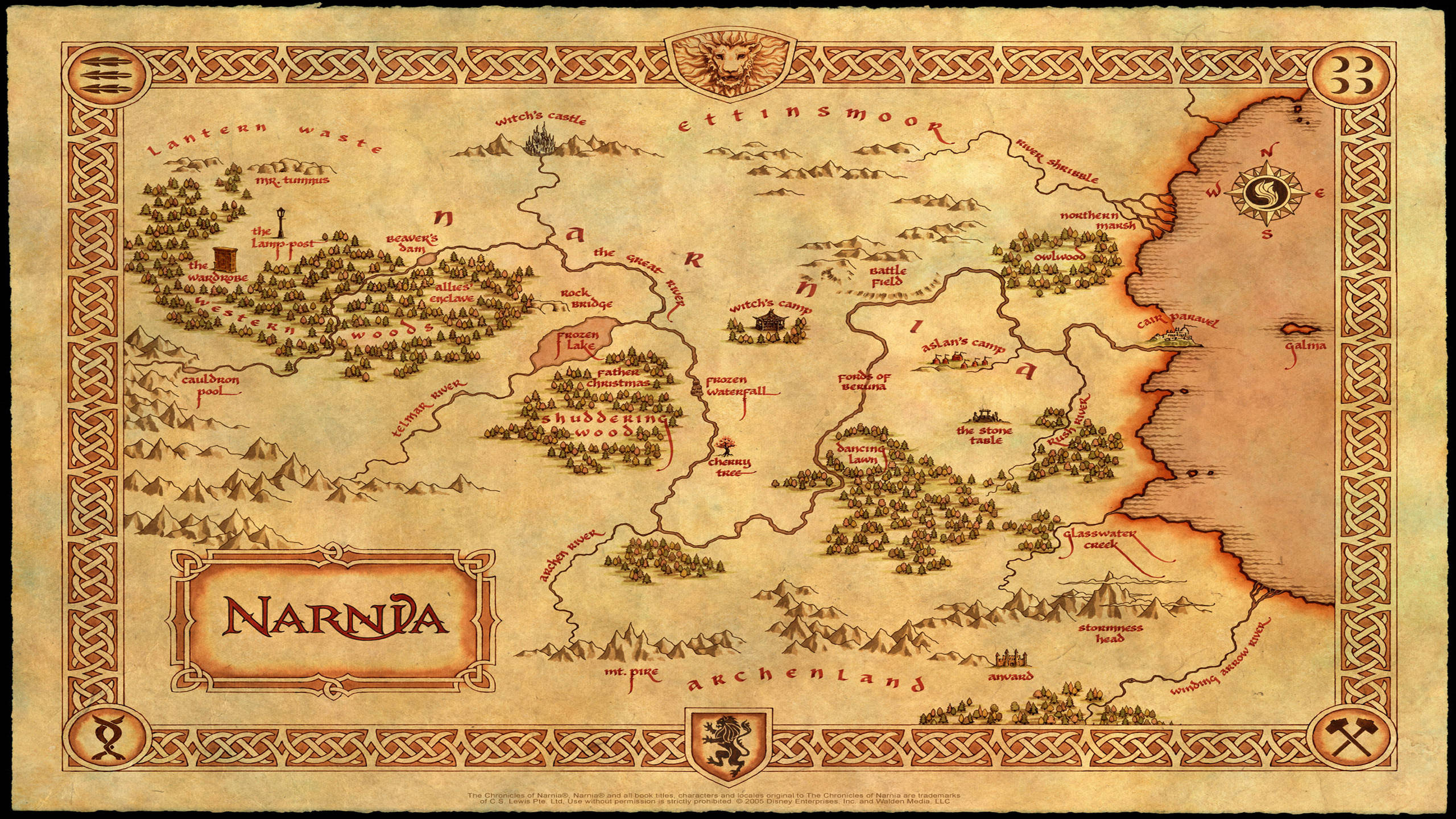 Narnia 桌布 壁紙 — 一幅古董風格插圖納尼亞地圖，詳細描繪區域、河流和地標，並以華麗邊框裝飾。