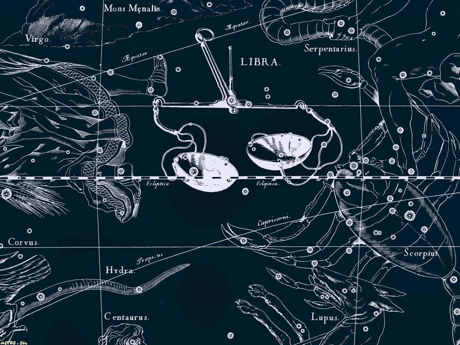 libra 桌布 壁紙 — 一幅古董風格的天體圖，以白色線條藝術繪製在深青色背景上，顯示天秤座、天蠍座和處女座等星座，並帶有標籤的星星和赤道線。