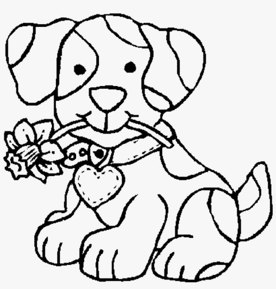 Dog Coloring 桌布 壁紙 — 一幅可愛的黑白線條畫，畫中有一隻小狗拿著一朵花和一個心形標籤。