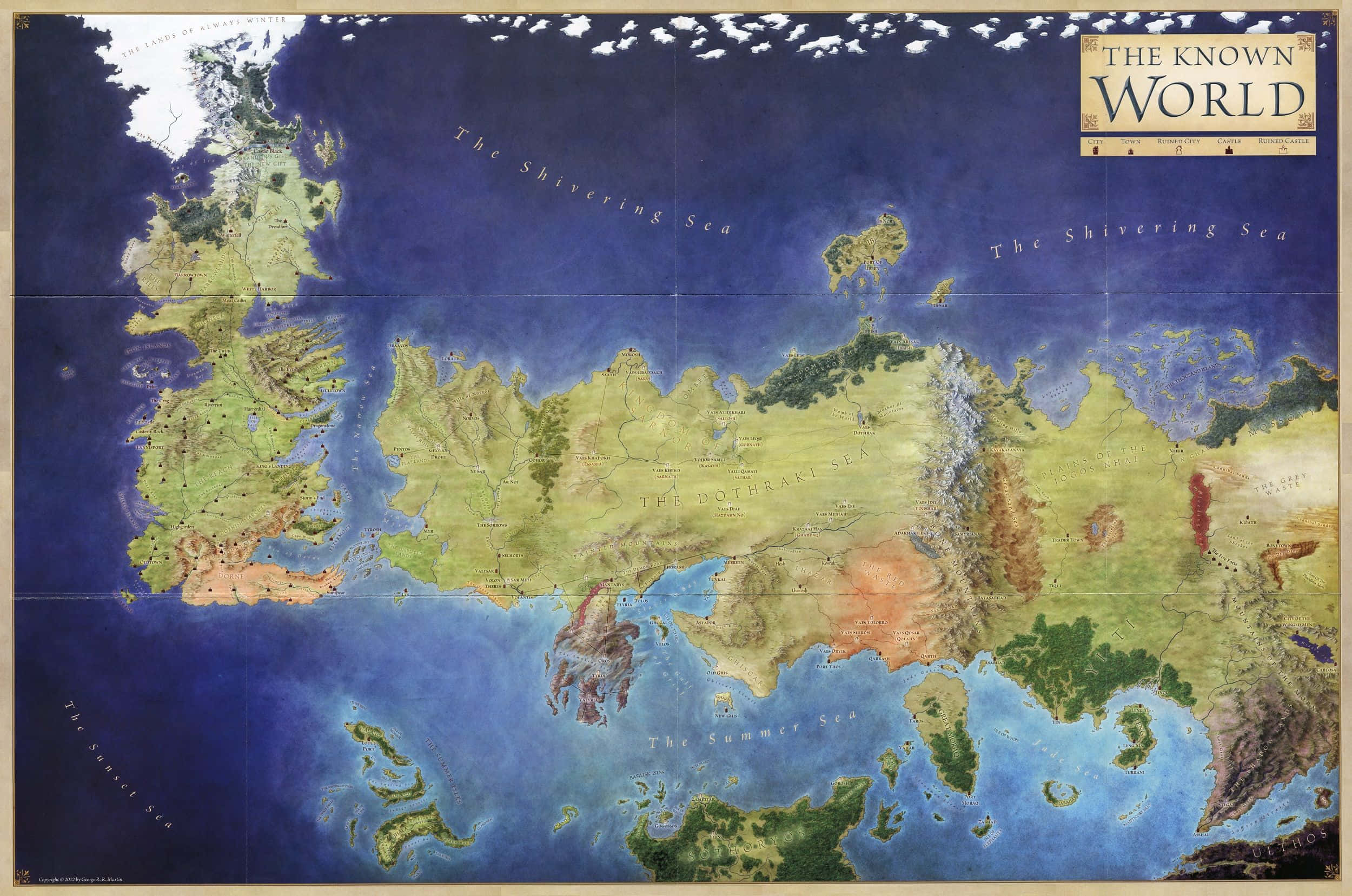 Map 桌布 壁紙 — 一幅名為「The Known World」的插圖奇幻地圖，以大地色調顯示大陸、海洋和標有名字的海域。