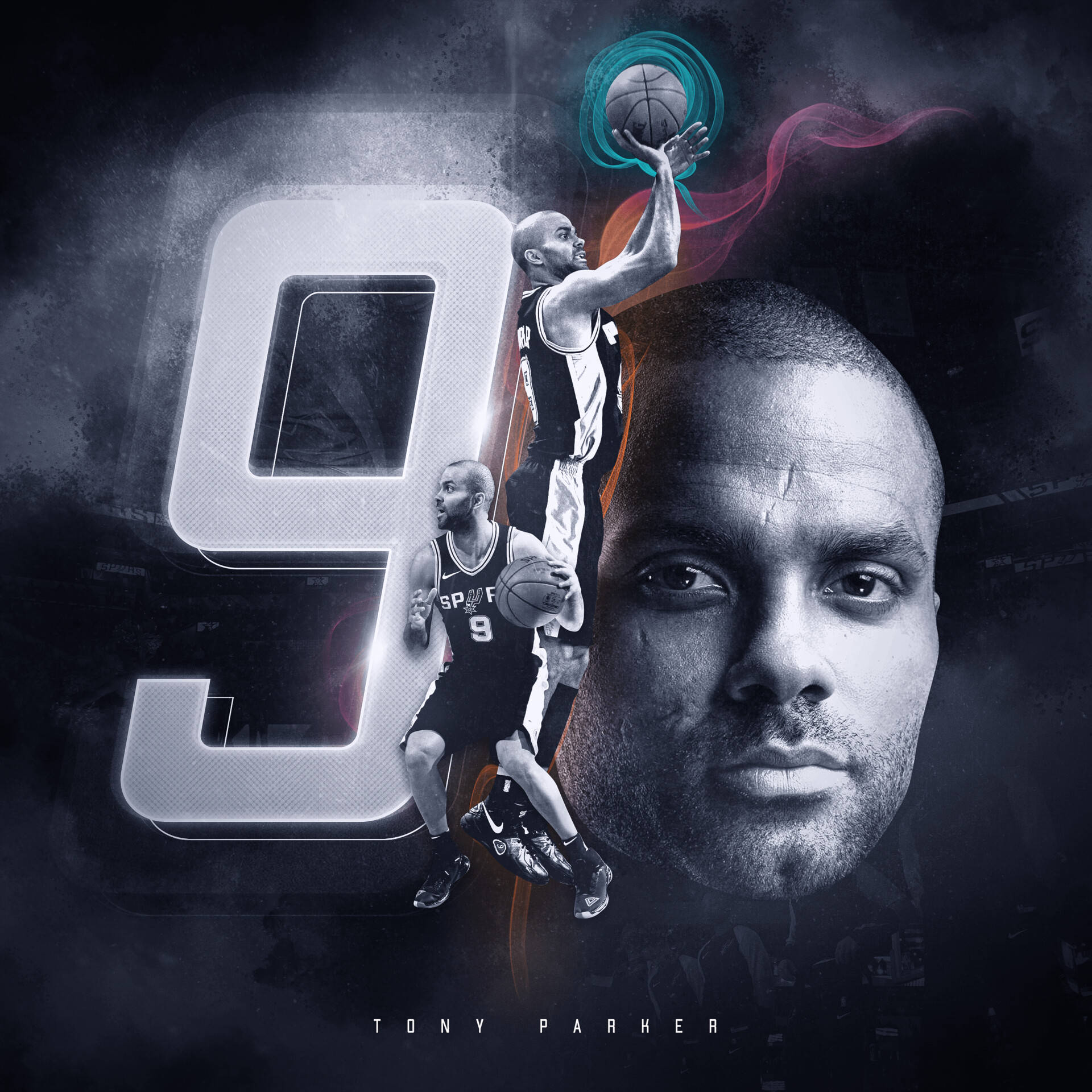 Tony Parker 桌布 壁紙 — 一幅向托尼·帕克致敬的動態數位藝術作品，包含他的9號球衣、籃球動作鏡頭，以及在黑暗煙霧背景中帶有發光能量漩渦的特寫肖像。