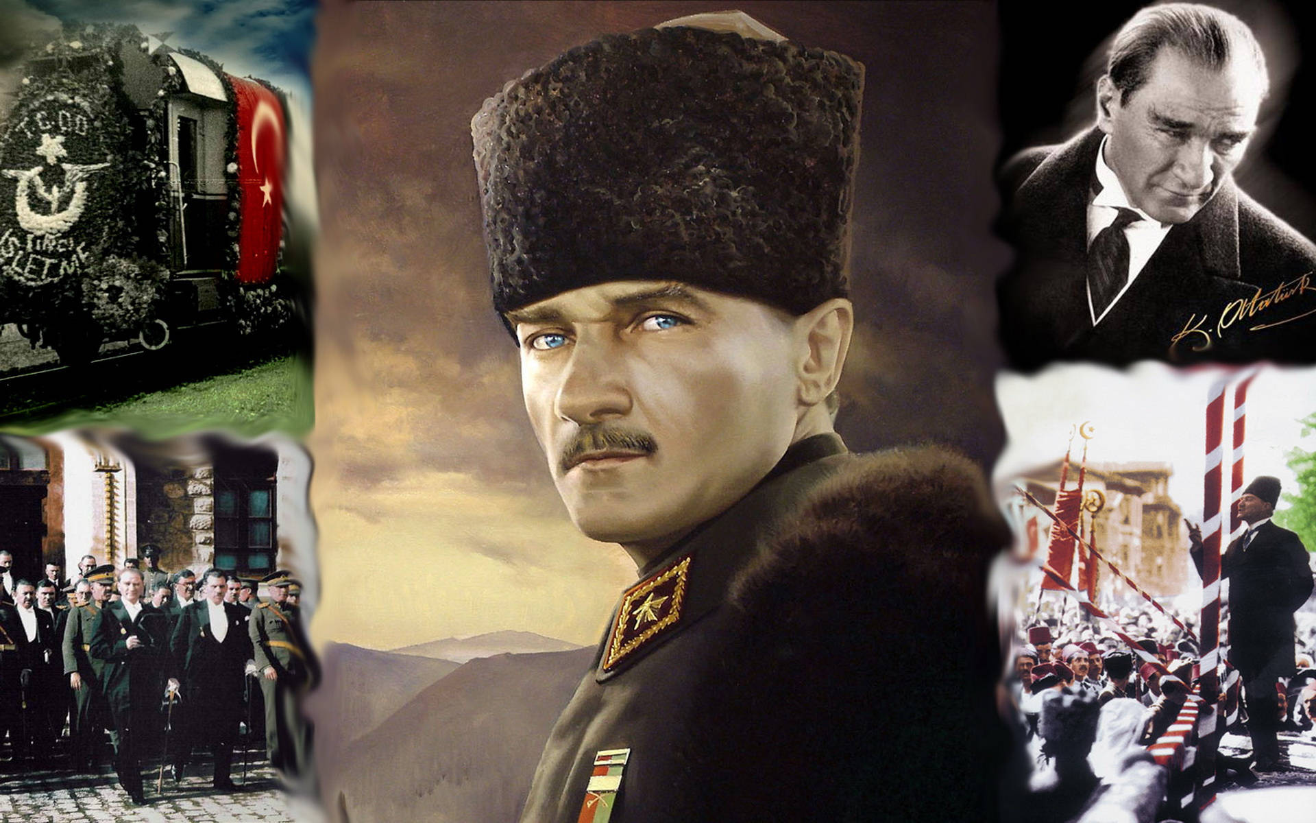 Ataturk 桌布 壁紙 — 一幅向穆斯塔法·凱末爾·阿塔圖爾克致敬的拼貼畫，包含肖像、歷史場景和一輛掛有土耳其國旗的火車。