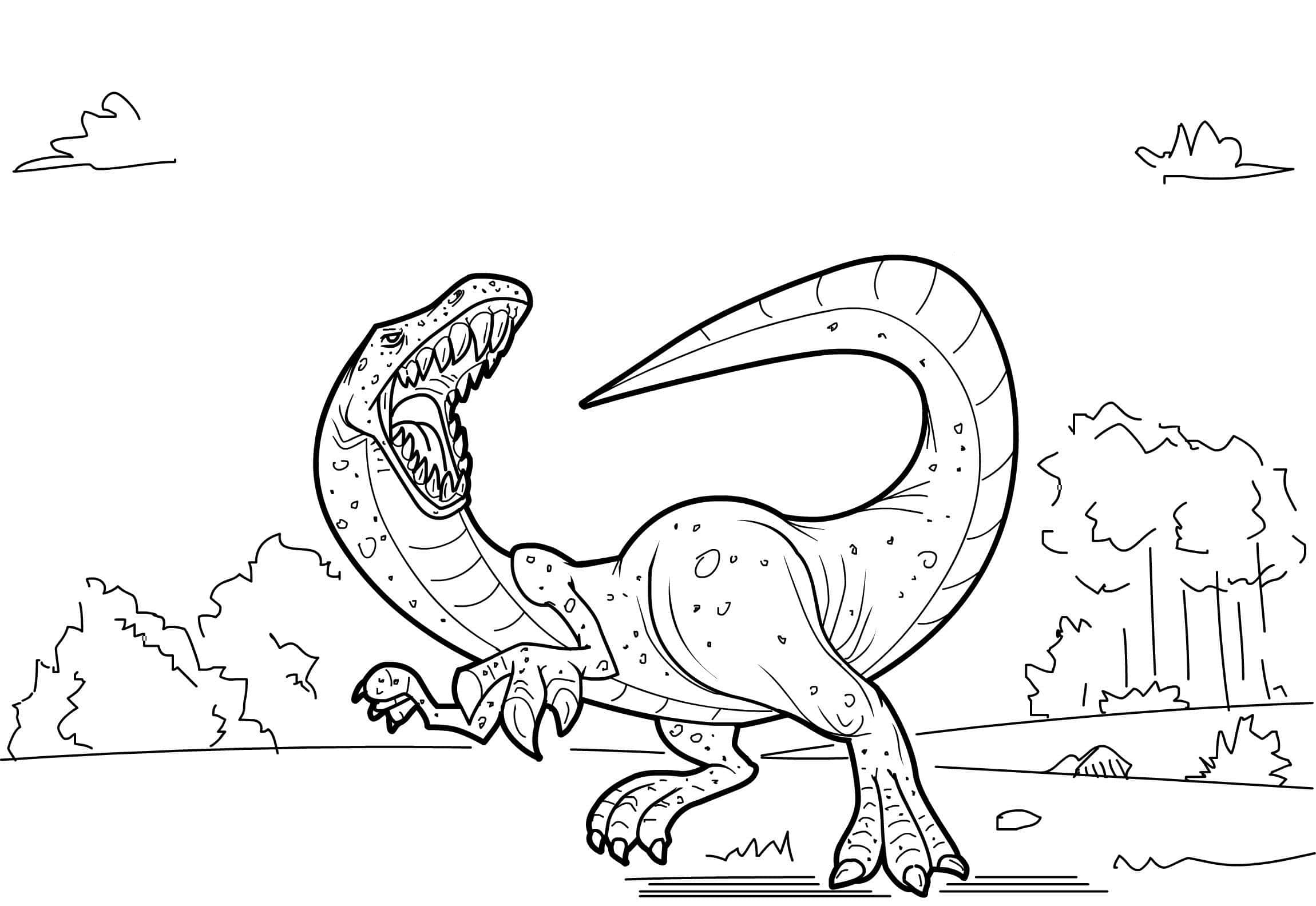 Dinosaur Coloring 桌布 壁紙 — 一幅咆哮恐龍著色頁，具有粗線條和簡單的背景樹木和雲朵。