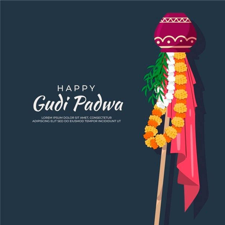 Gudi Padwa 桌布 壁紙 — 一幅喜慶的Gudi Padwa慶祝插圖，描繪了一根裝飾著萬壽菊花環、綠葉和紅布的裝飾木柱，背景為深藍色。