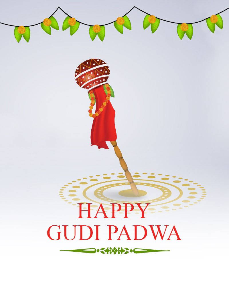 Gudi Padwa 桌布 壁紙 — 一幅喜慶的Gudi Padwa慶祝插圖，描繪了一根裝飾著紅布和花環的木柱，背景為淺色。