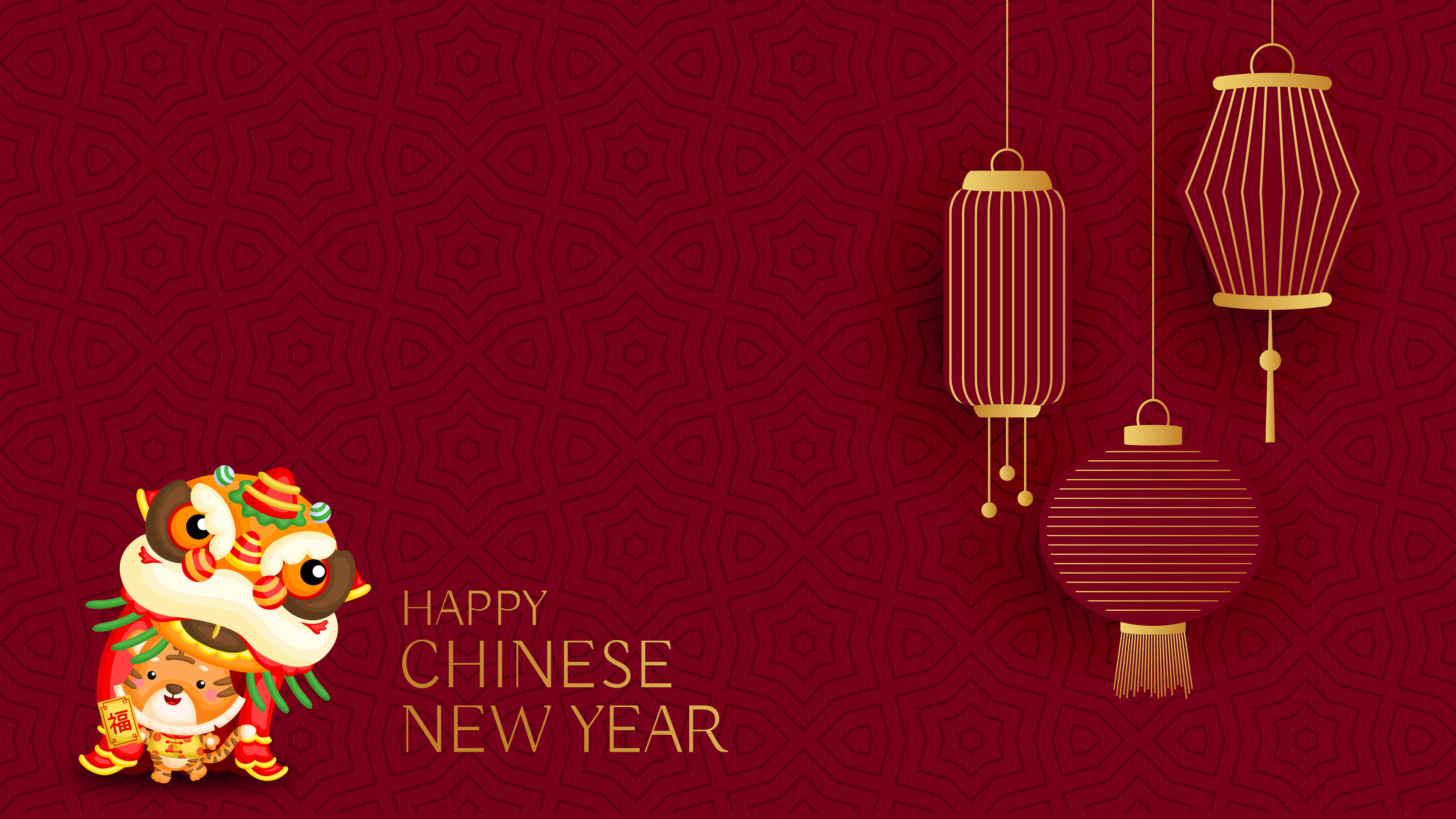 New 桌布 壁紙 — 一幅喜慶的中國新年插圖，卡通舞獅吉祥物手持金元寶，背景為深紅色圖案，掛著燈籠。