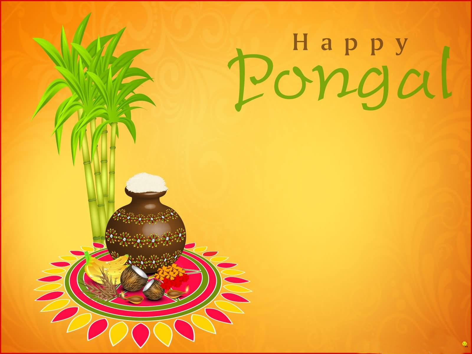 Pongal 桌布 壁紙 — 一幅喜慶的豐收節（Pongal）慶祝插圖，裝飾鍋中溢出米飯，旁邊有甘蔗和傳統供品，置於色彩繽紛的藍果麗（rangoli）上。