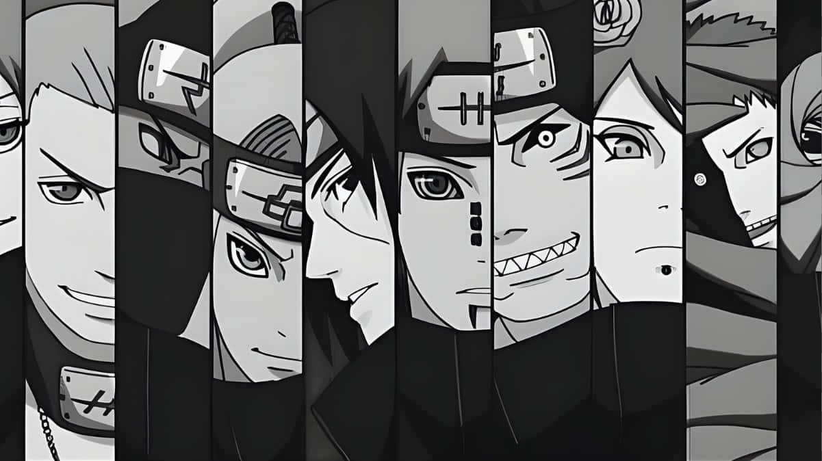 Naruto wallpaper 壁紙 — 一幅單色動漫桌布，以垂直拼貼方式展示九個不同的忍者角色，表情嚴肅，戴著頭帶。