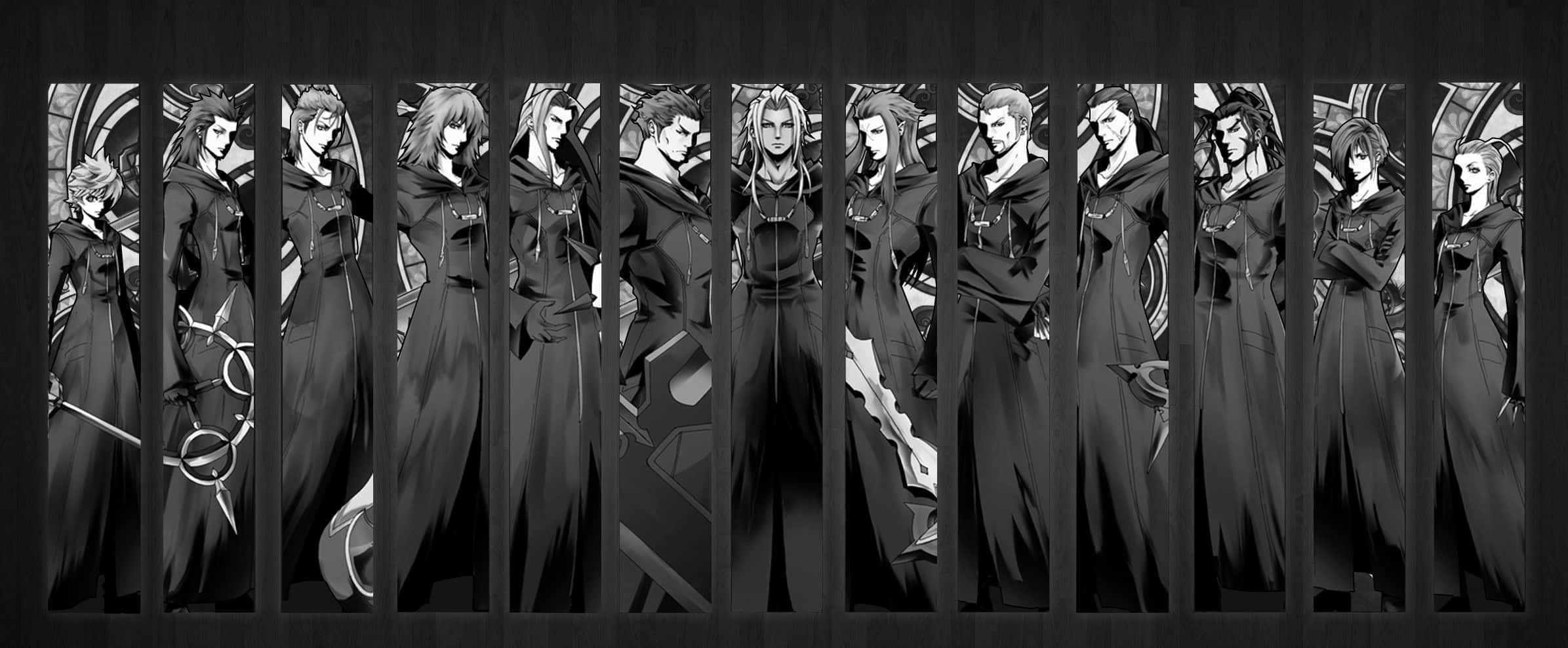 Kingdom Hearts Organization 13 桌布 壁紙 — 一幅單色動漫桌布，十個身穿長暗色斗篷的角色站在垂直面板中，背景是機械風格。
