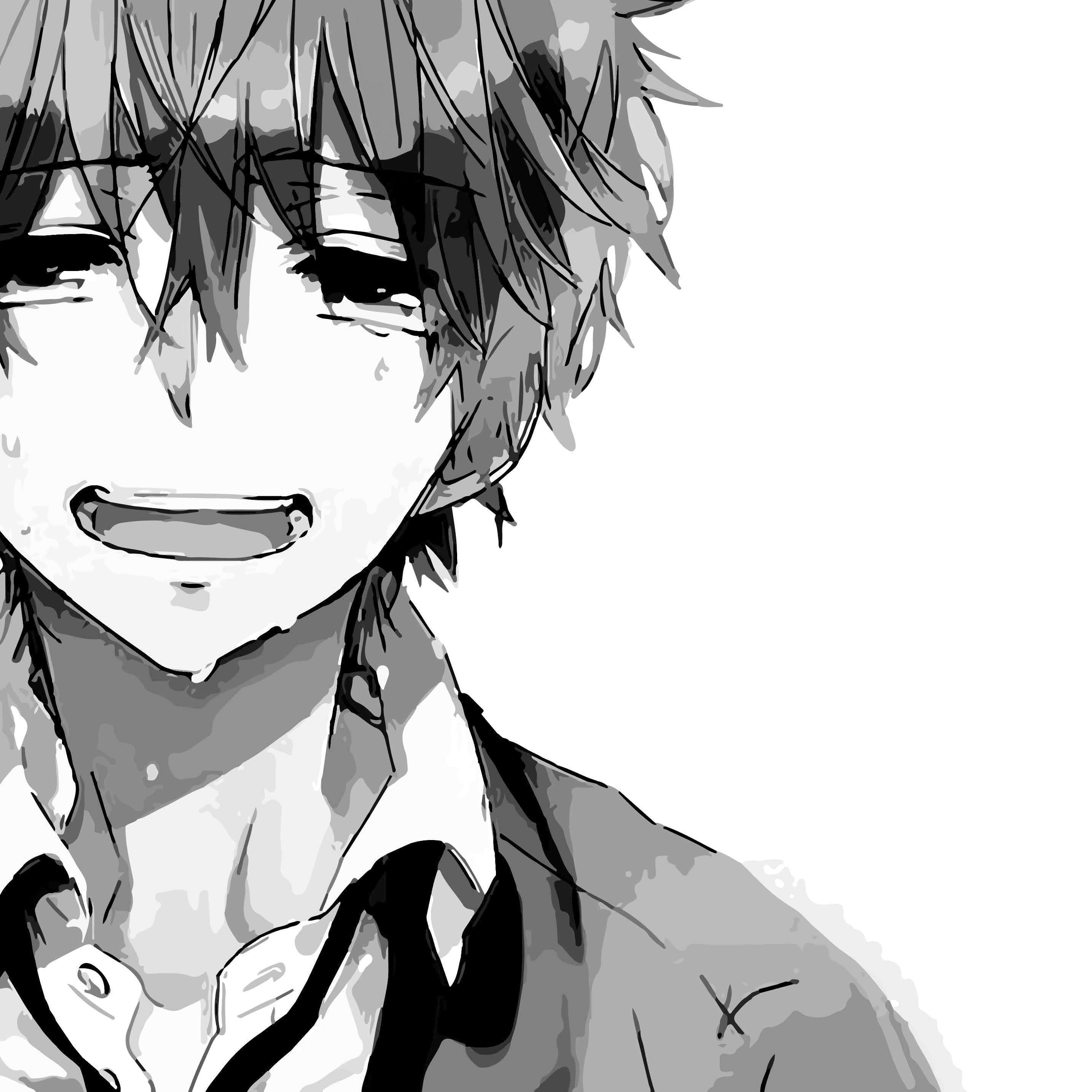 動漫男孩 桌布 壁紙 — 一幅單色動漫肖像，描繪一位微笑的年輕男子，頭髮凌亂，穿著有領襯衫，背景為純白色。