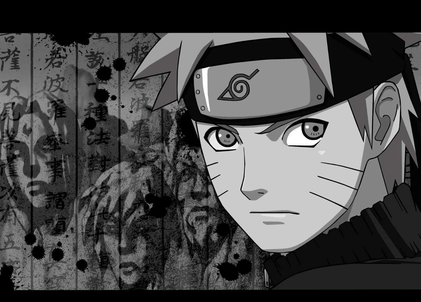 Naruto Black 桌布 壁紙 — 一幅單色動漫肖像，描繪漩渦鳴人，眼神堅定，帶有鬍鬚標記，背景為帶有日本文字和墨水飛濺的紋理背景。