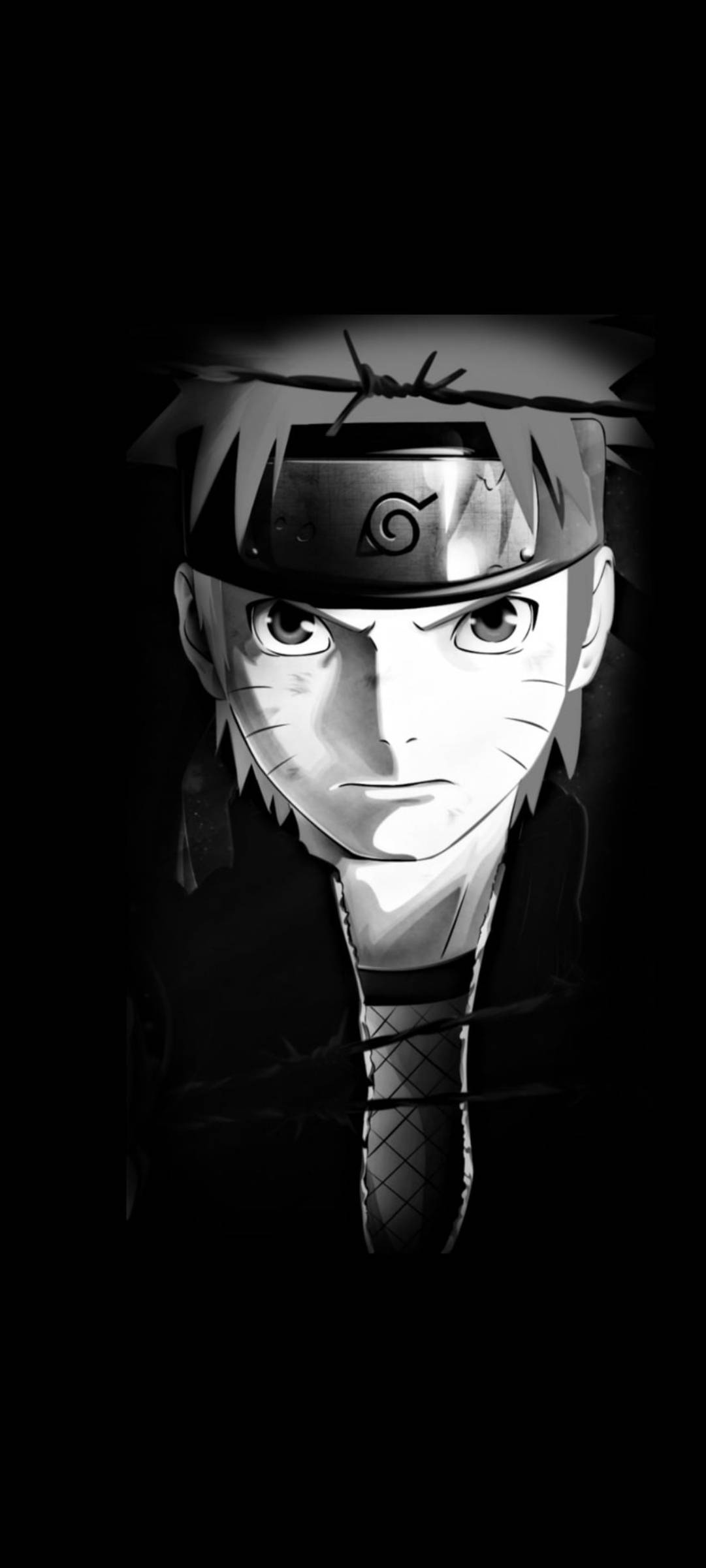 Uzumaki Clan 桌布 壁紙 — 一幅單色動漫肖像，描繪漩渦鳴人眼神堅定，頭頂有鐵絲網，背景深色。