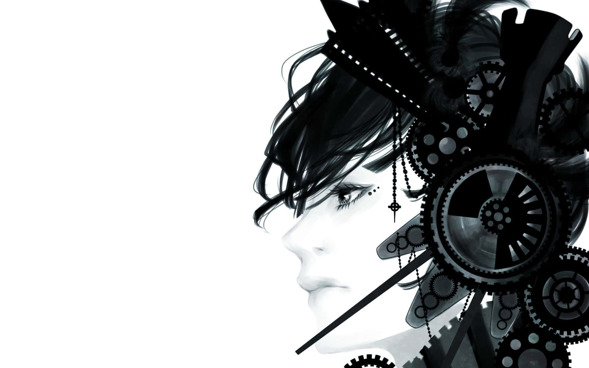 Dark Steampunk 桌布 壁紙 — 一幅單色動漫風格女性側面肖像，飾有複雜的機械齒輪和羽毛，背景為純白色。