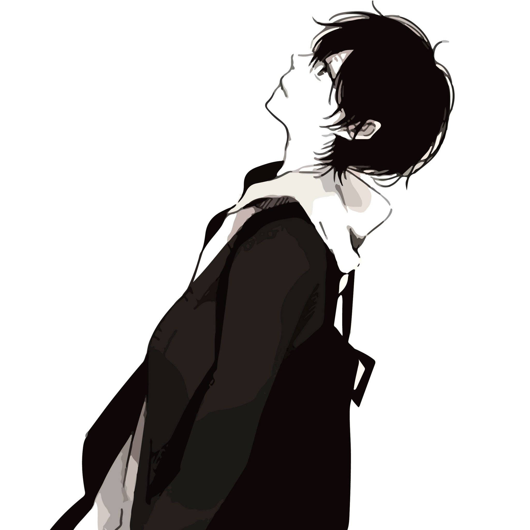 動漫男孩 桌布 壁紙 — 一幅單色動漫風格插圖，描繪一位年輕男子側面向上望，頭髮蓬鬆，身穿深色外套。