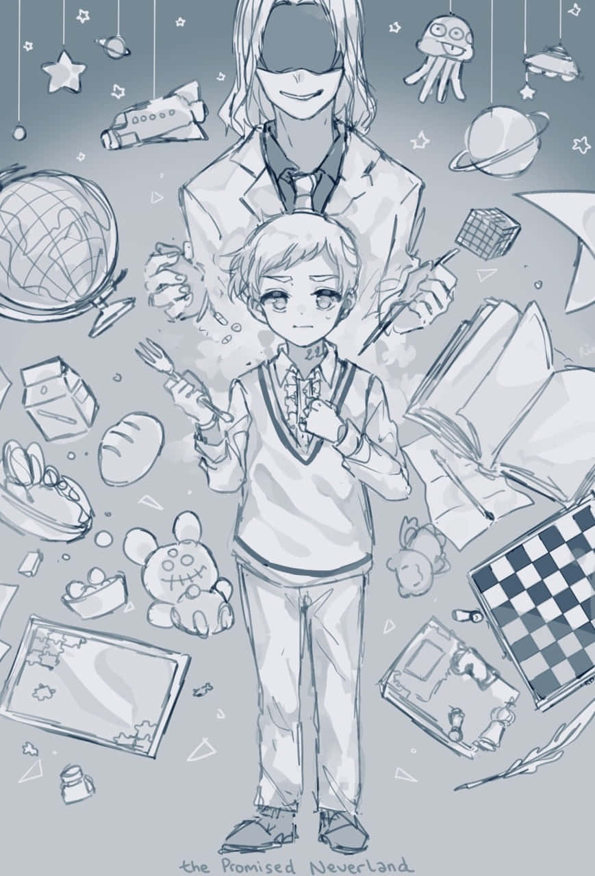 The Promised Neverland Peter Ratri 桌布 壁紙 — 一幅單色動漫風格插圖，描繪兩個角色被漂浮的學校和奇幻物品包圍。