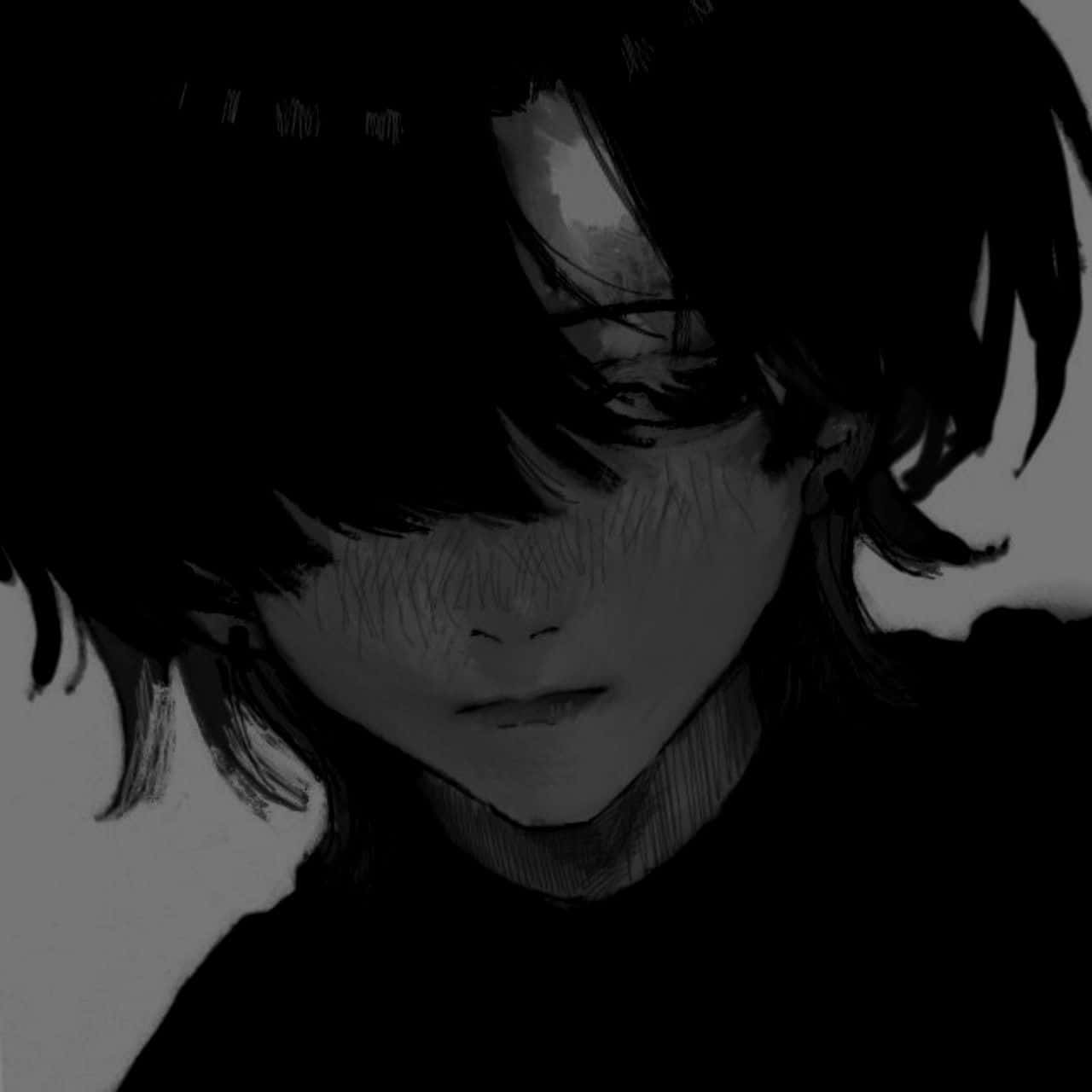 anime boys cute 桌布 壁紙 — 一幅單色動漫風格肖像，描繪一位頭髮凌亂的年輕人低頭沉思，氣氛憂鬱。