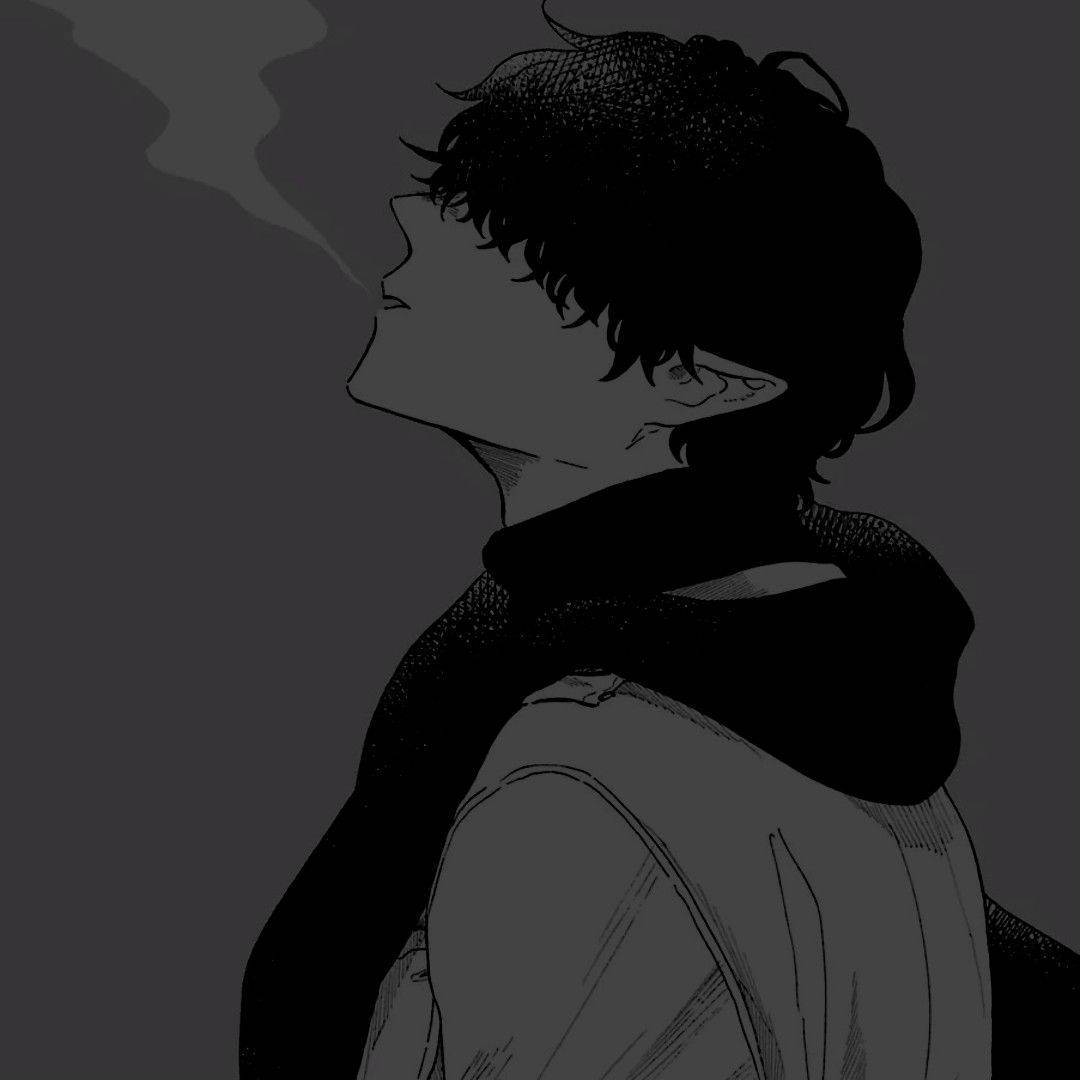 動漫 桌布 壁紙 — 一幅單色動漫風格肖像，描繪一名年輕男子側面呼出煙霧，背景為深灰色。