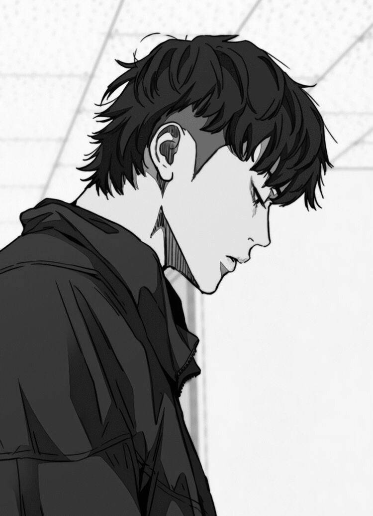 jay jo 桌布 壁紙 — 一幅單色動漫風格肖像，描繪一名頭髮蓬亂的年輕男子在磁磚牆前低頭沉思。