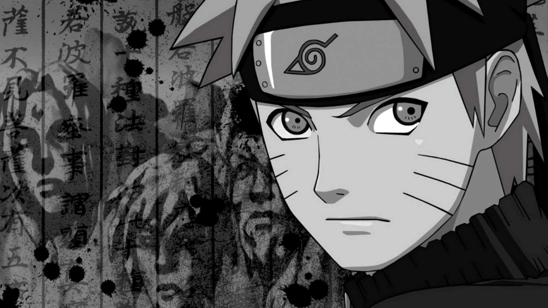 Naruto Black And White 桌布 壁紙 — 一幅單色動畫肖像，描繪漩渦鳴人，眼神堅定，帶有鬍鬚印記，背景為帶有日本書法和墨水飛濺的紋理背景。