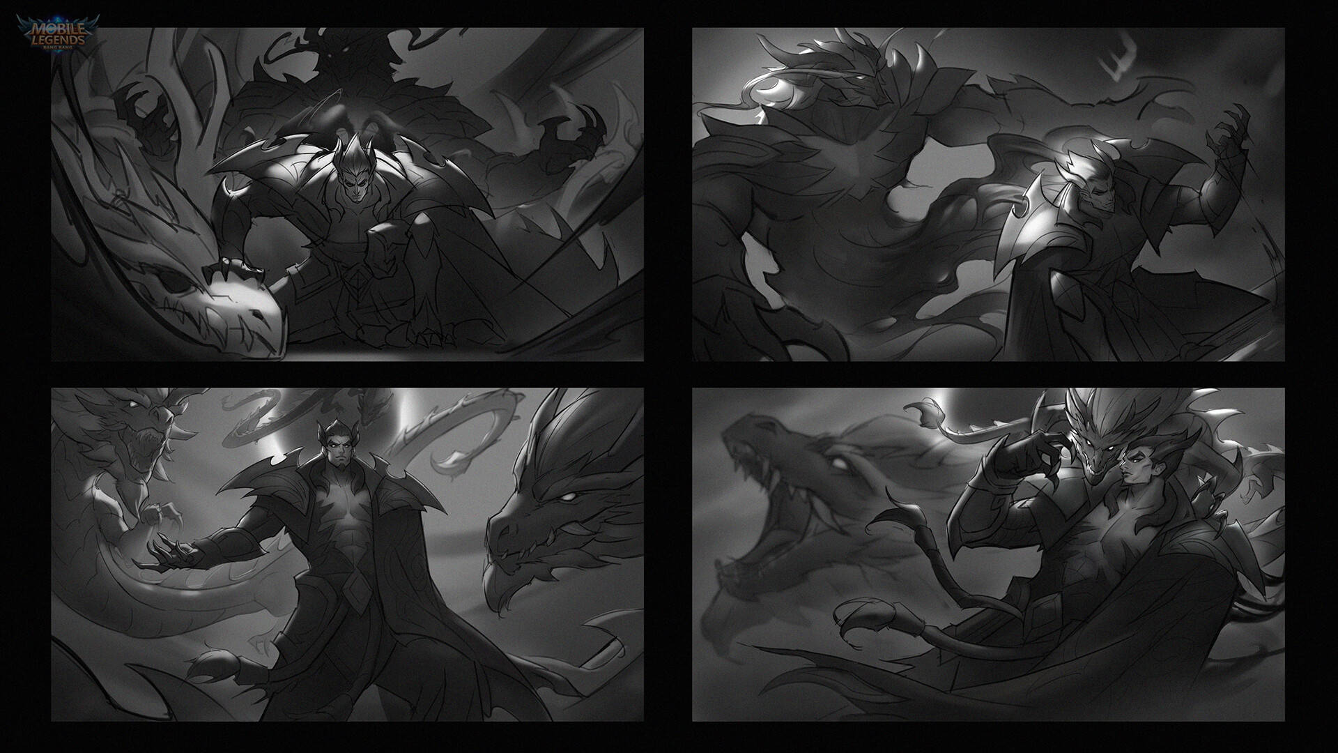 一名身穿暗色盔甲的騎士在單色奇幻戰鬥場景中與巨龍戰鬥。 — Mobile Legends 動態圖 壁紙