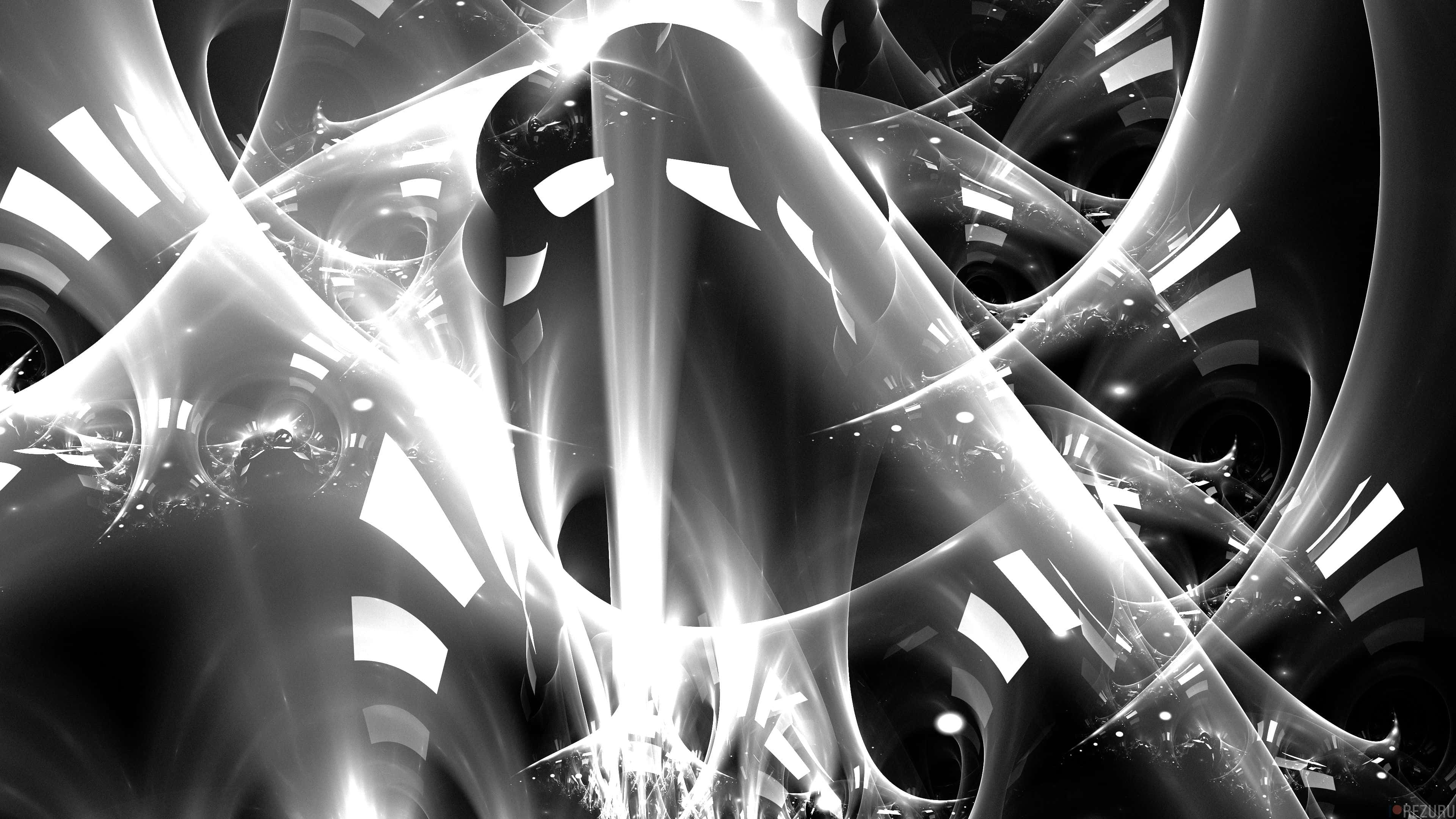 Black And White Abstract 桌布 壁紙 — 一幅單色抽象數位藝術作品，具有旋轉的光束和幾何形狀，營造出動態的未來隧道效果。