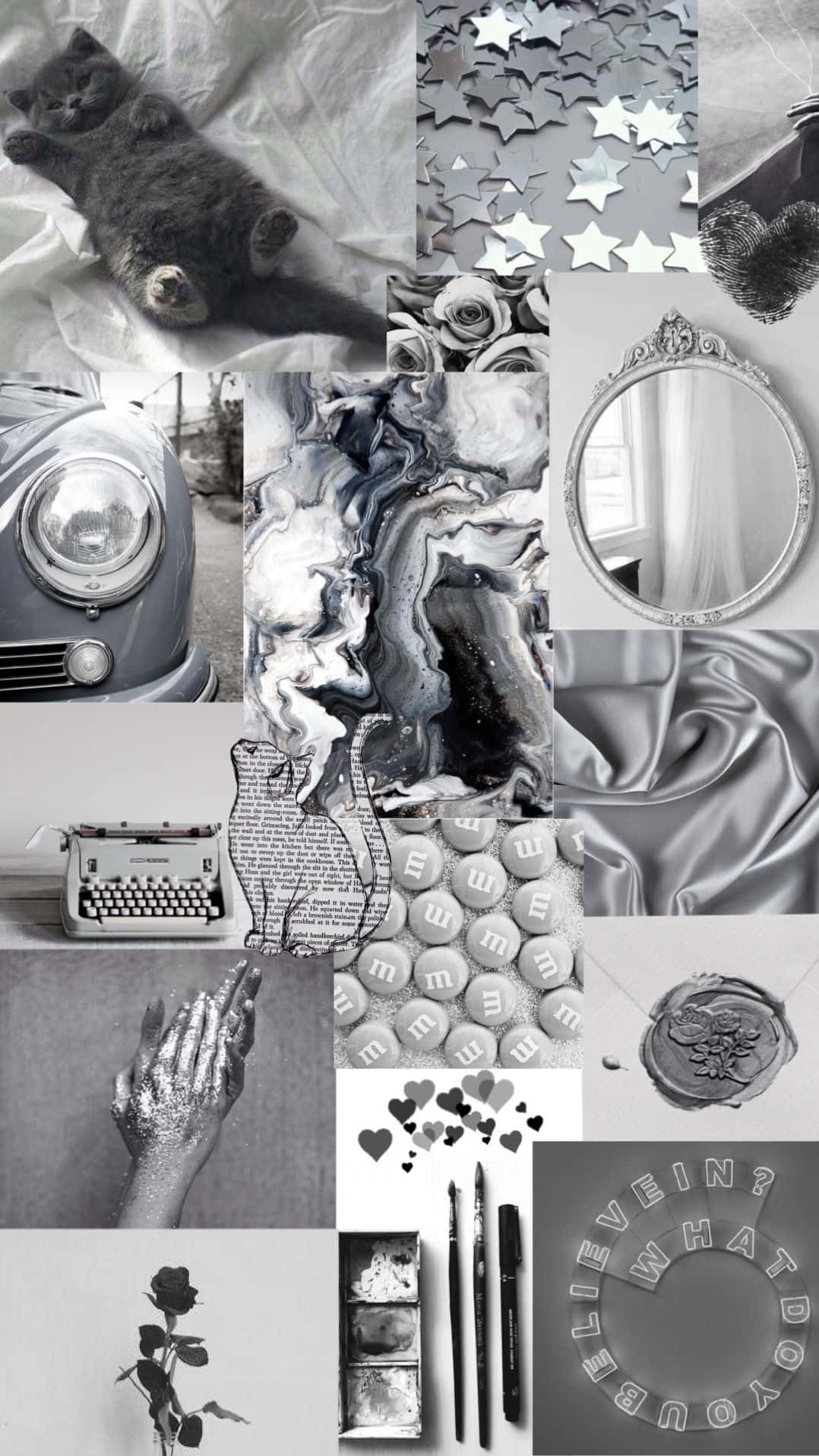 Silver Aesthetic iPhone 桌布 壁紙 — 一幅單色拼貼畫， featuring 一隻睡著的貓、復古車、大理石藝術和各種灰階優雅物品。