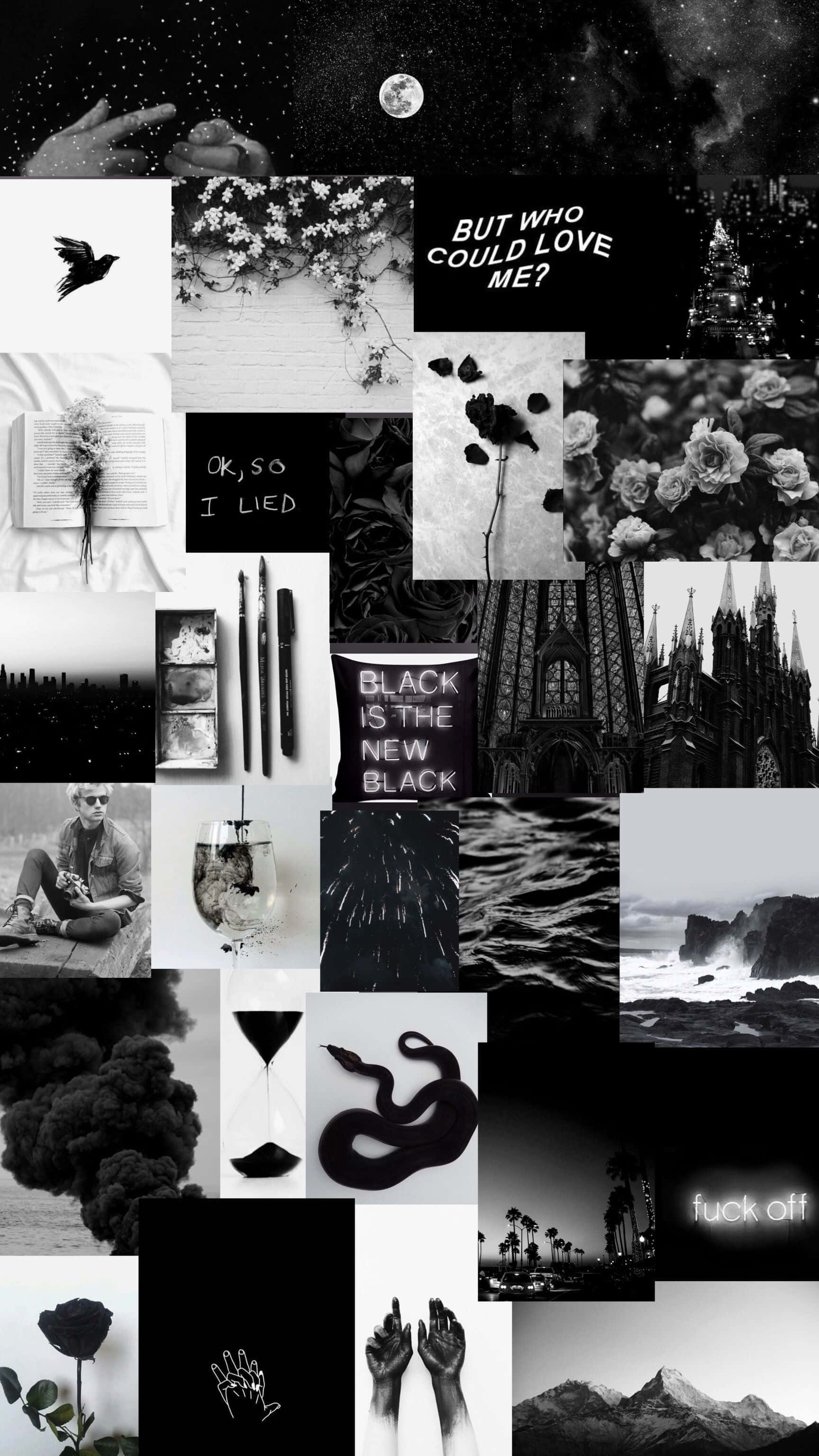 Black And White Collage 桌布 壁紙 — 一幅單色拼貼畫，以陰鬱的意象為特色，包括玫瑰、鳥、手和文字，背景是黑暗的天空和城市景觀。