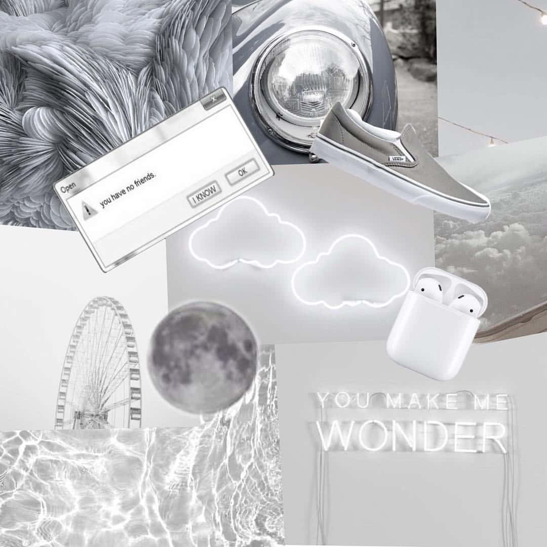 Dark Grey Aesthetic 桌布 壁紙 — 一幅單色拼貼畫，包含復古車頭燈、運動鞋、月亮、摩天輪和帶有霓虹雲的數位故障藝術。