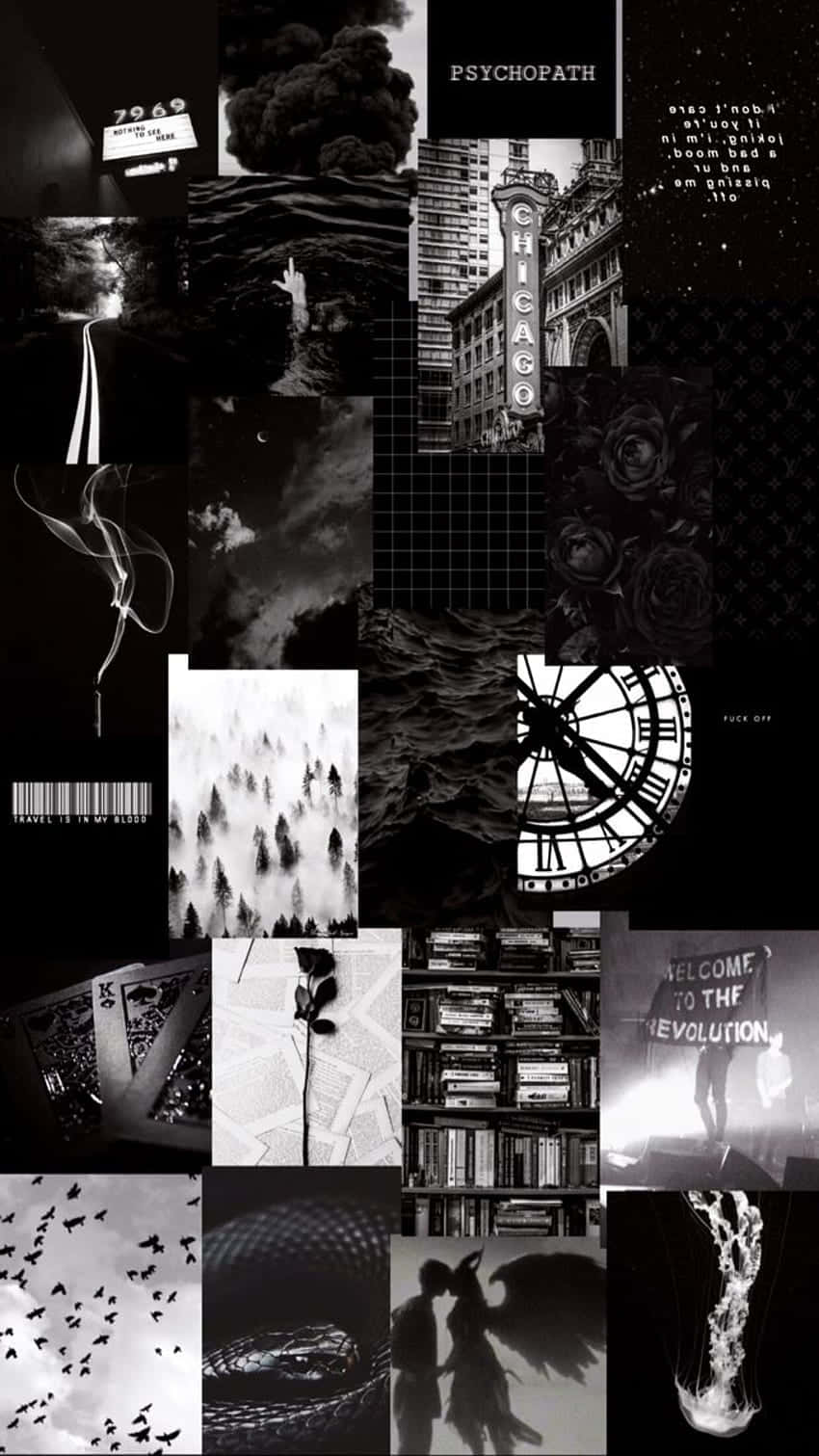 Aesthetic Black 桌布 壁紙 — 一幅單色拼貼畫，包含粗糙的城市場景、時鐘、玫瑰和神秘文字，喚起一種陰鬱、叛逆的美學。