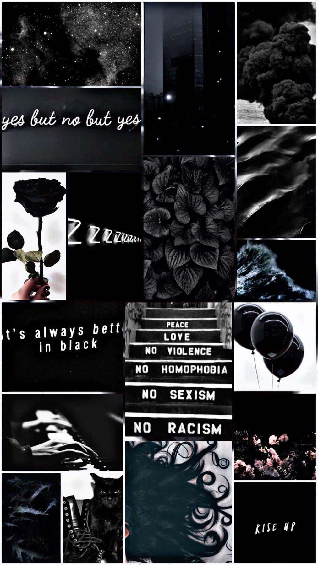 Dark Grey Aesthetic 桌布 壁紙 — 一幅單色拼貼畫，包含黑暗意象，如玫瑰、煙霧、抗議標語和文字疊加，傳達抵抗與和平的訊息。