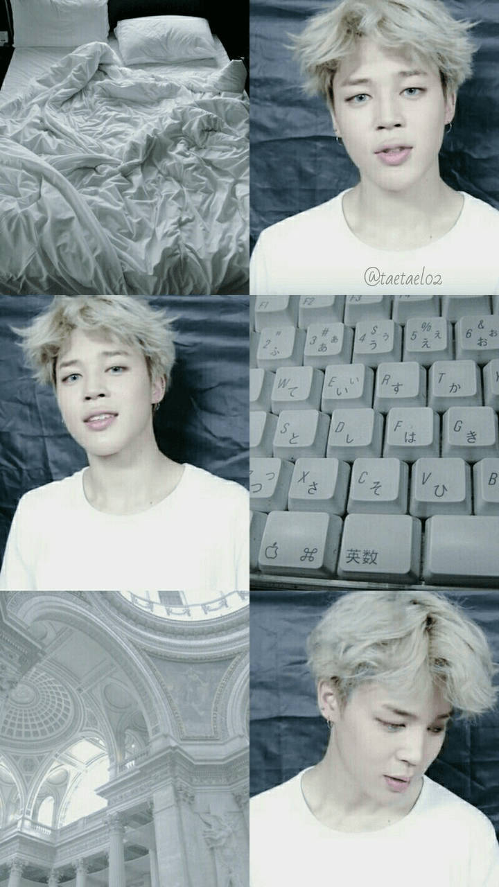 Jimin Aesthetic 桌布 壁紙 — 一幅單色拼貼畫，描繪一位金髮年輕男子以不同姿勢出現，一張凌亂的床，以及一個日文鍵盤，背景為深色。