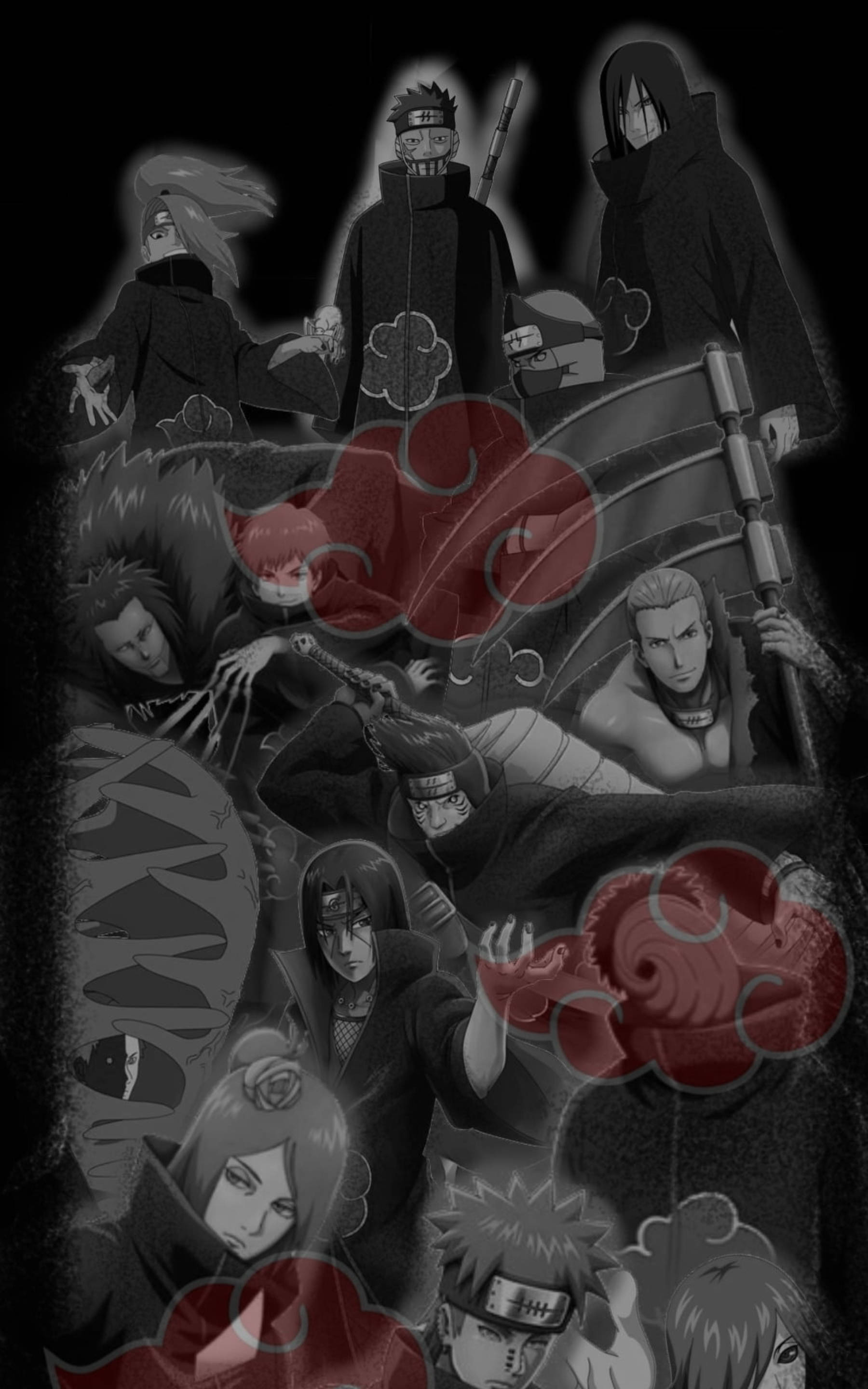 akatsuki phone 桌布 壁紙 — 一幅單色拼貼畫，描繪曉組織成員，周圍漂浮著紅色雲朵標誌。