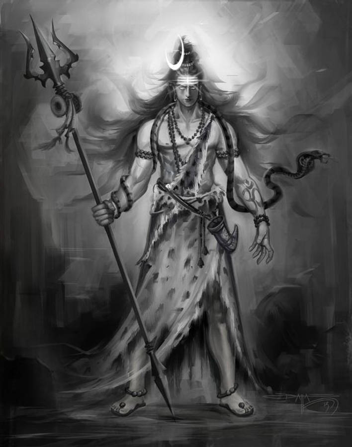 angry shiva 桌布 壁紙 — 一幅單色插圖，描繪一位神聖戰士，長髮飄逸，手持三叉戟，手臂上纏繞著一條蛇。