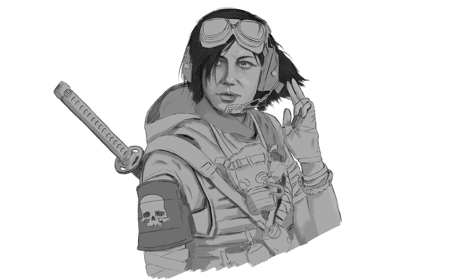 Maxis 桌布 壁紙 — 一幅單色插圖，描繪一位身穿戰術裝備的女性士兵手持武士刀和和平手勢。