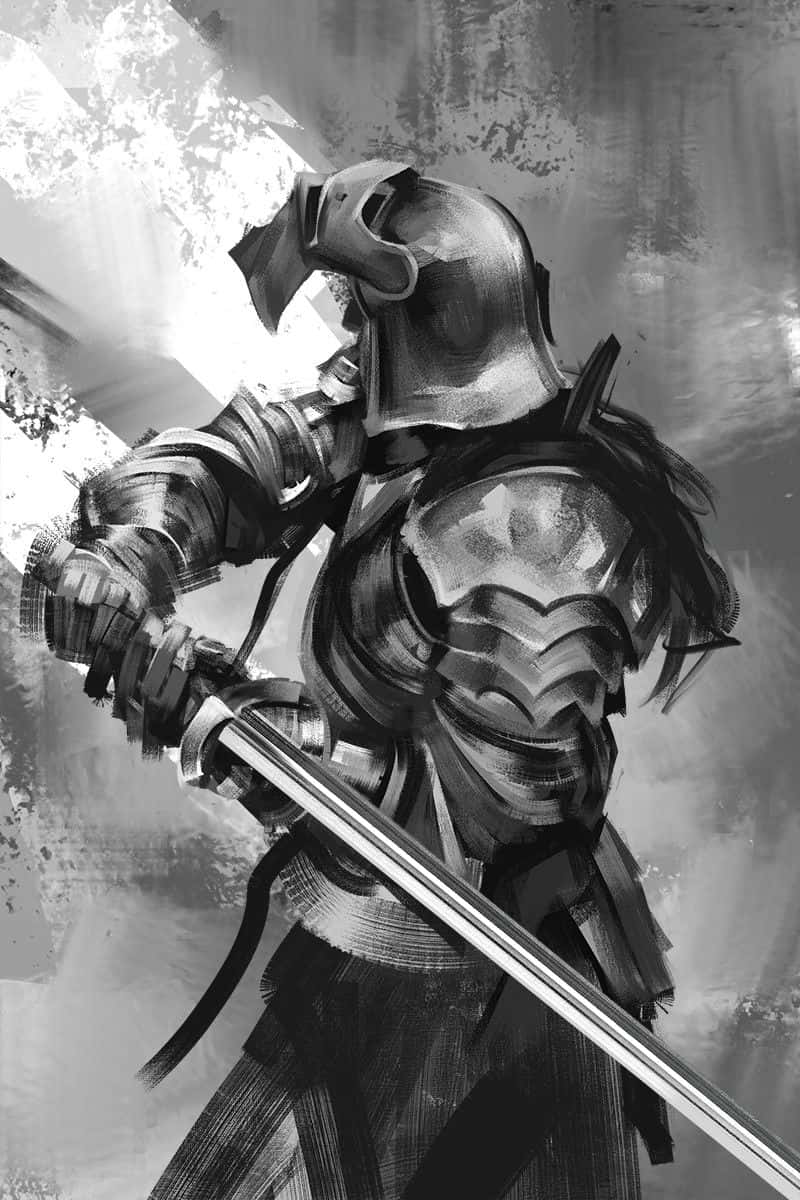 Crusader 桌布 壁紙 — 一幅單色插圖，描繪一位身穿精細盔甲的騎士手持劍，帶有戲劇性的燈光和紋理筆觸。