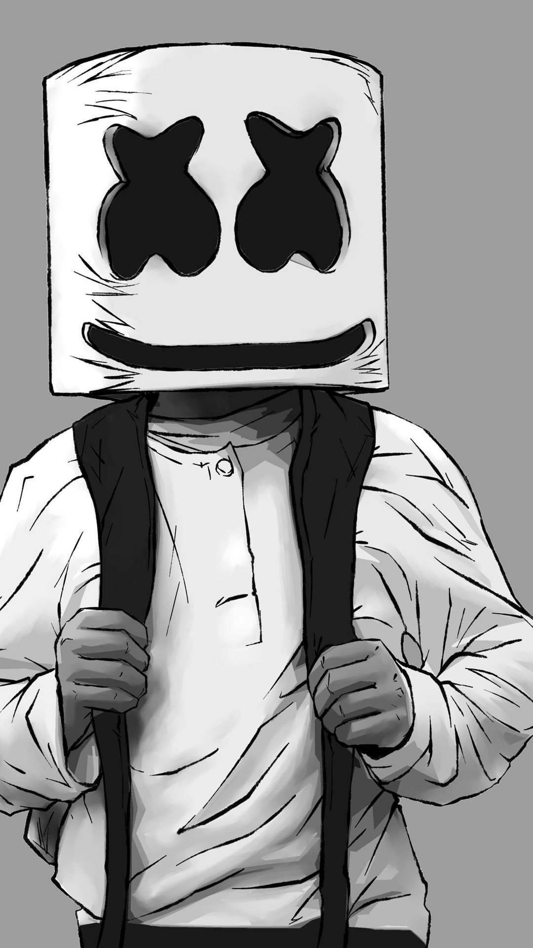 Marshmello 動態圖 桌布 壁紙 — 一幅單色插圖，描繪一個人戴著方形棉花糖面具，在純灰色背景上握著背包帶。