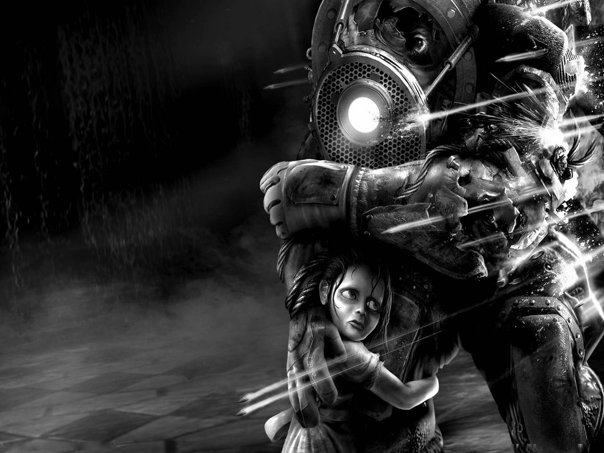 bioshock 4K 桌布 壁紙 — 一幅單色插圖，描繪一個巨型裝甲機器人在被雨水浸透的反烏托邦小巷中抱著一個驚恐的孩子。