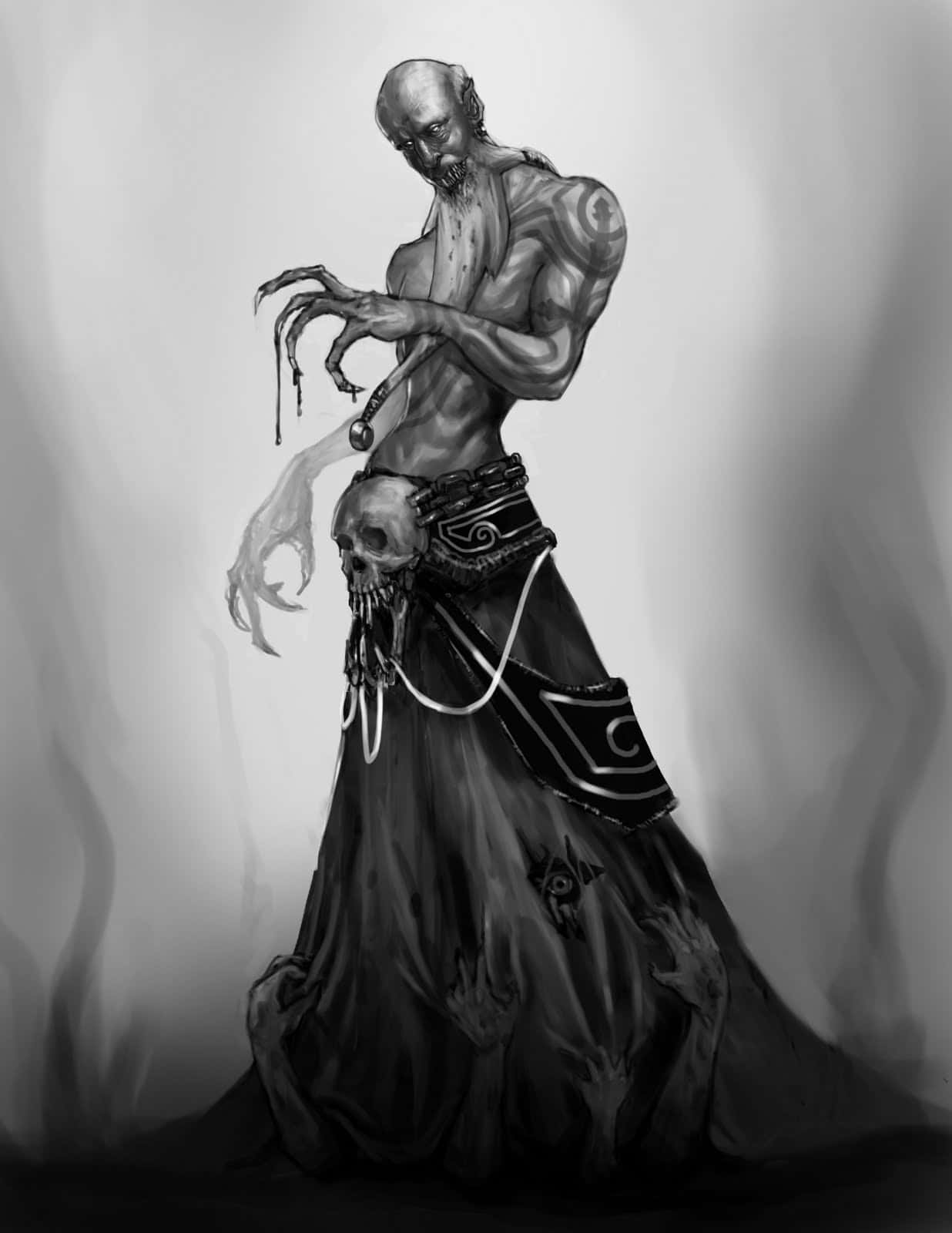 Vampire Lord 桌布 壁紙 — 一幅單色插圖，描繪一個瘦削而肌肉發達的人物，擁有骷髏般的手和一條飾有頭骨的腰布，站在煙霧瀰漫的灰色背景前。