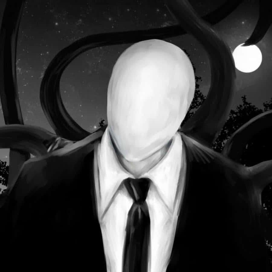 Creepypasta 桌布 壁紙 — 一幅單色插圖，描繪一個穿著西裝、帶有觸手的無面人形，背景是滿月星空。