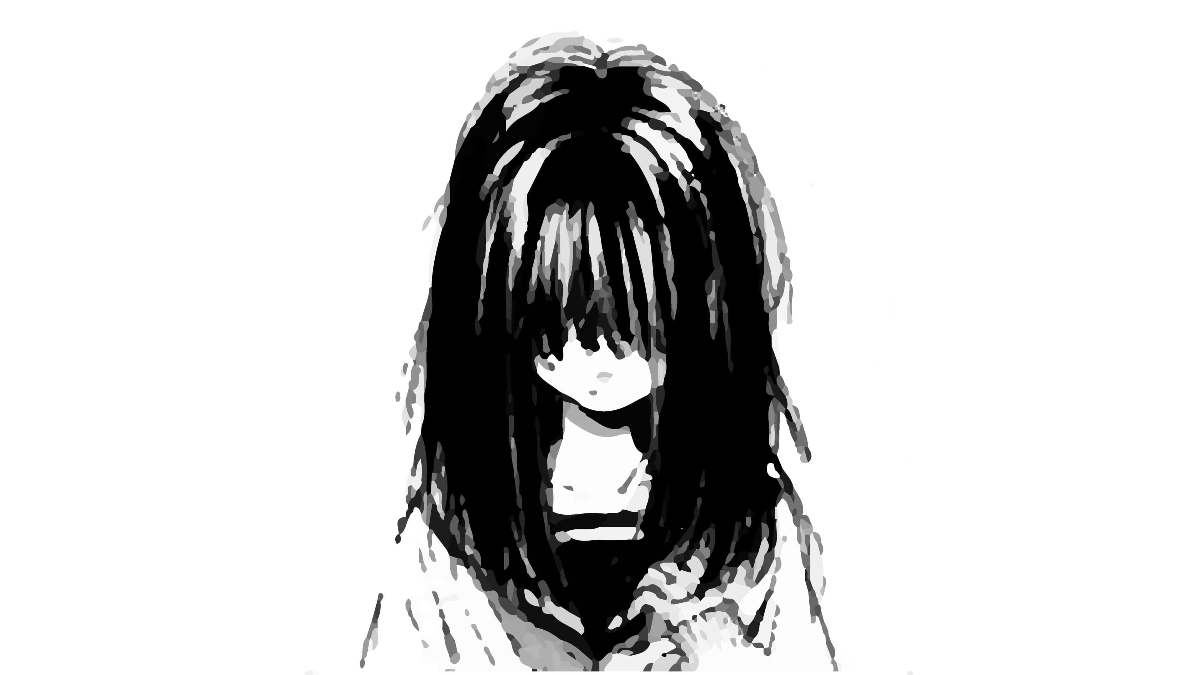 動漫女孩 桌布 壁紙 — 一幅單色插圖，描繪一個長長黑髮遮蓋臉龐的女孩，背景為純白色。