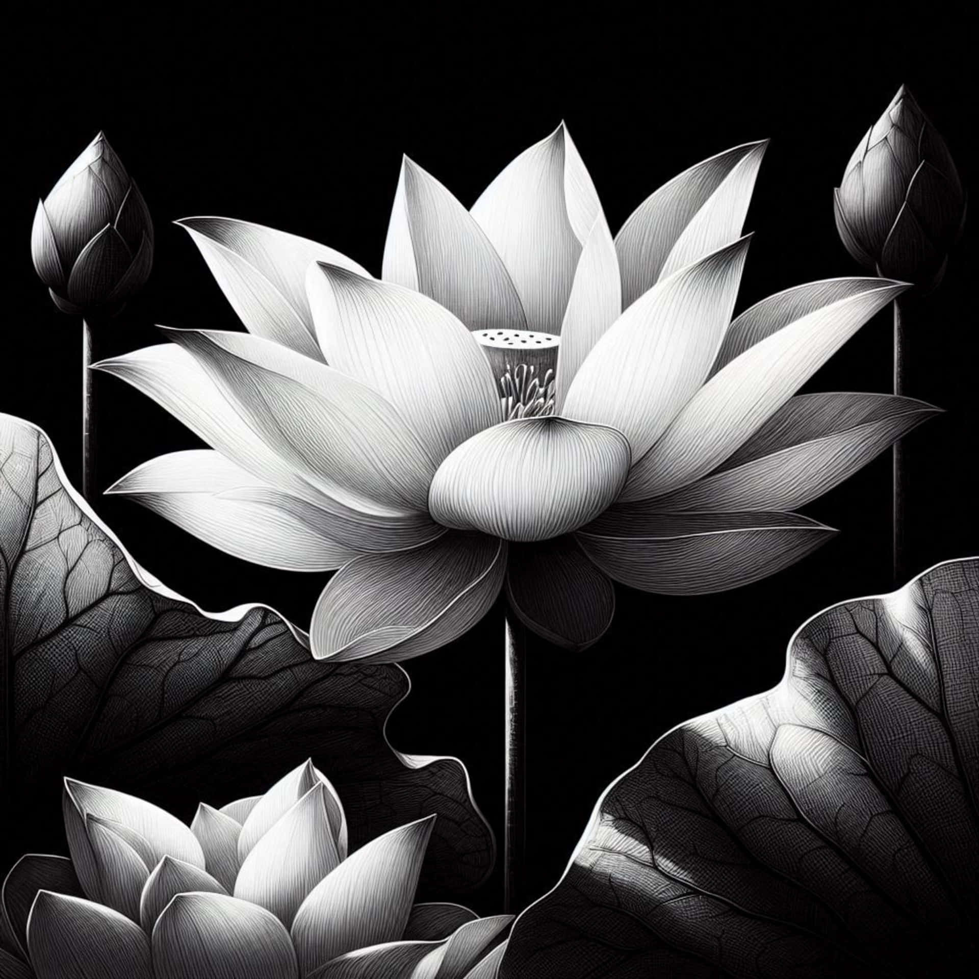 Lotus flower 壁紙 — 一幅單色插圖，描繪一朵盛開的蓮花，花瓣和葉子細節豐富，襯以純黑背景。