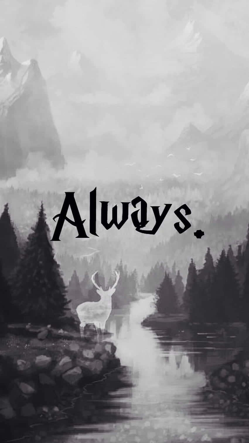 Harry Potter Black And White 桌布 壁紙 — 一幅單色插圖，描繪一隻鹿站在霧氣瀰漫的河邊，森林中有山脈和Always字樣。