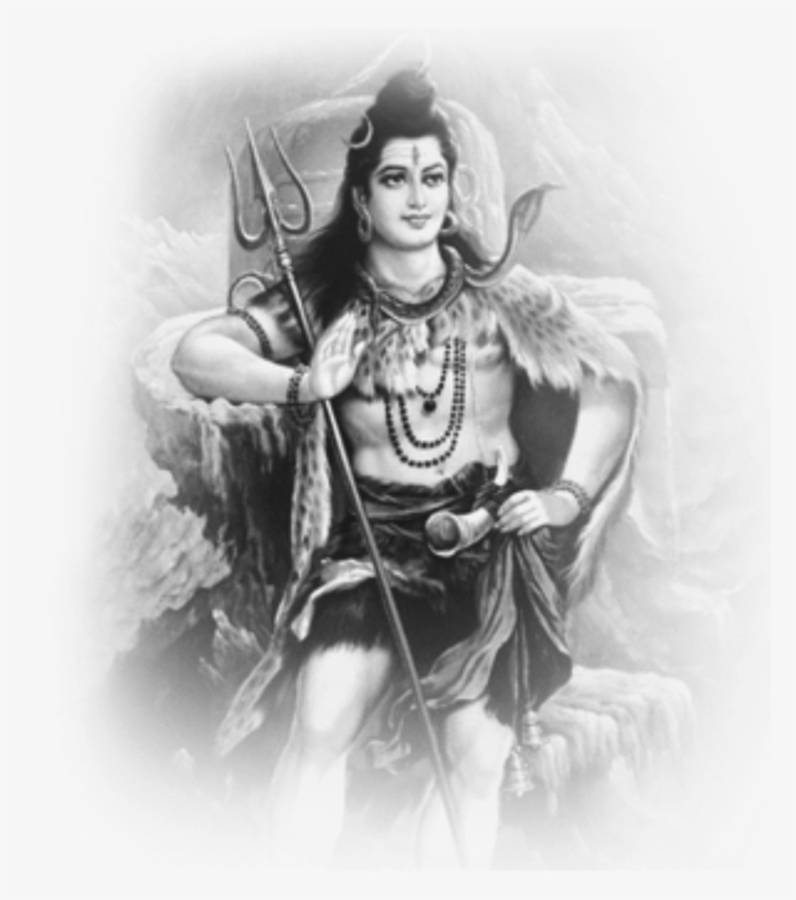 bholenath 桌布 壁紙 — 一幅單色插圖，描繪印度教神祇濕婆以冥想姿勢坐著，手持三叉戟和鼓。