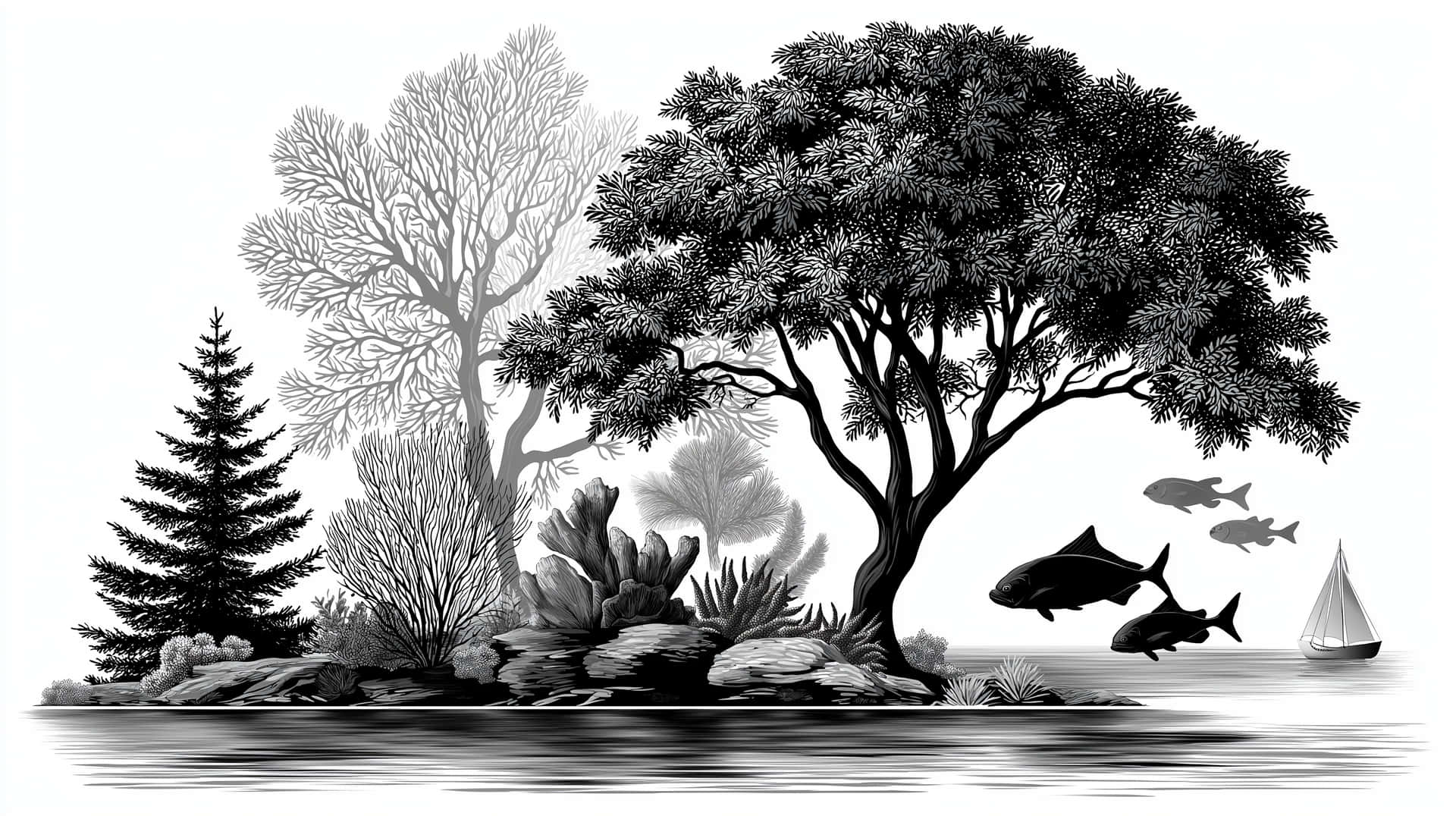 Monochromatic Misty Forest Landscape with Lake and Birds 壁紙 — 一幅單色插圖，描繪岩石島上茂密的樹木，水中有魚游動和帆船。