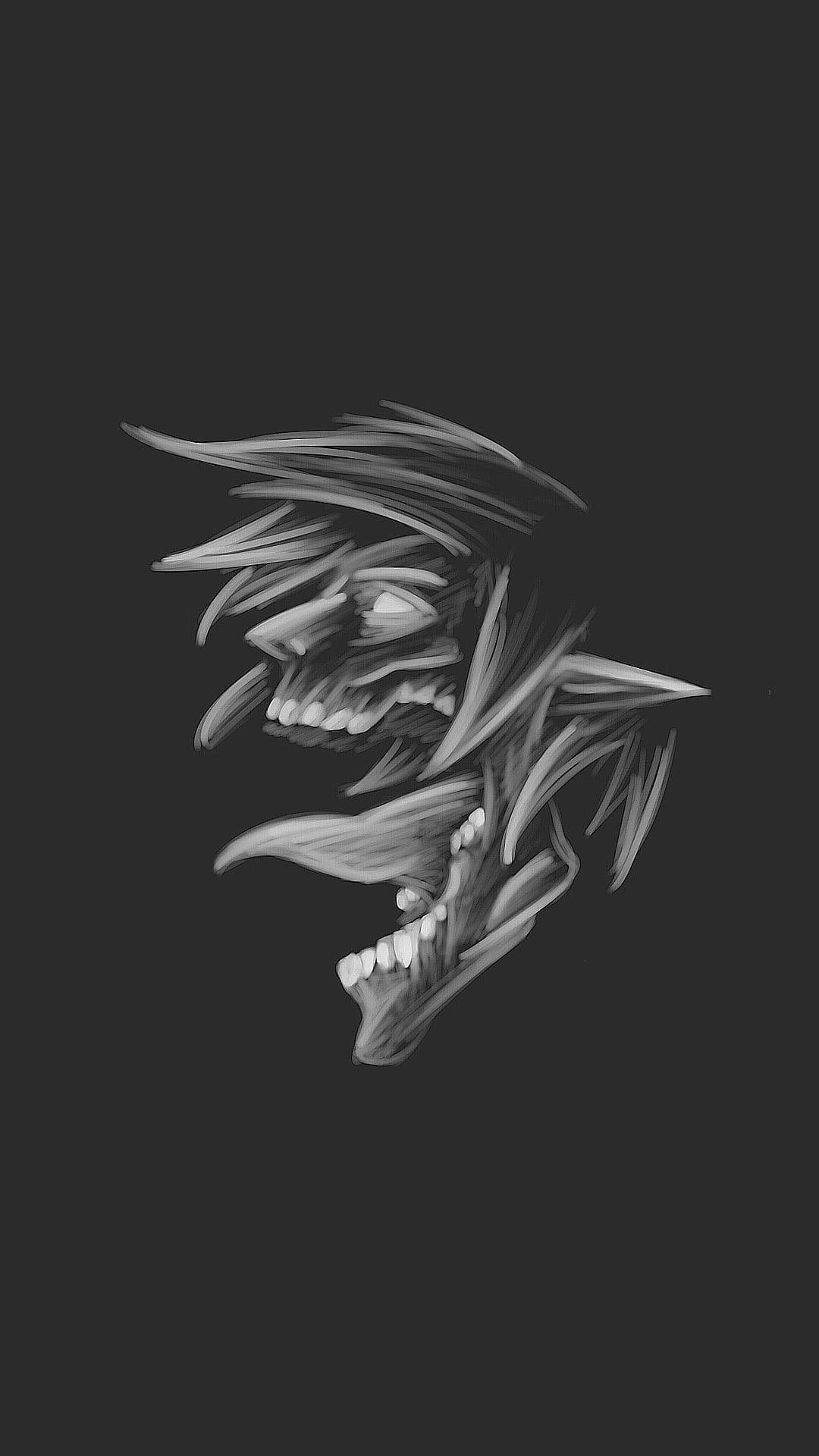 進擊的巨人 桌布 壁紙 — 一幅單色數位插圖，描繪了一個風格化的尖叫面孔，擁有鋒利的牙齒和飄逸的頭髮，背景為深色。
