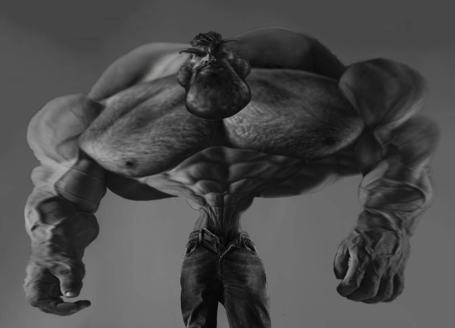 浩克的單色數位藝術作品，擁有巨大的肌肉和憤怒的表情。 — Giga Chad GIF 壁紙