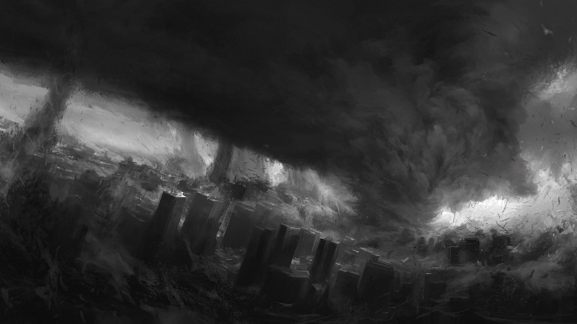 龍捲風 桌布 壁紙 — 一幅單色數位繪畫，描繪了在暴風雨天空下、烏雲和碎片翻騰的廢墟城市景觀。