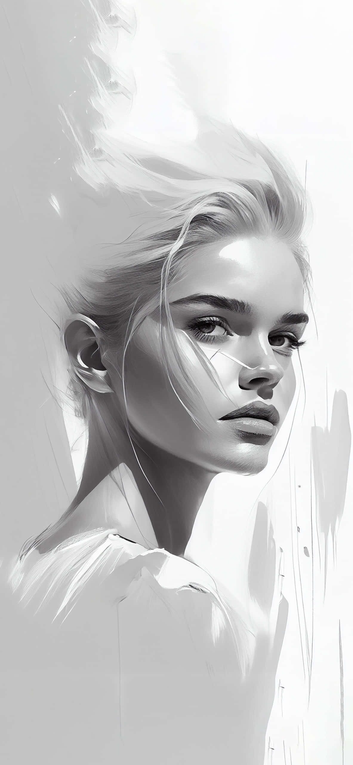 Aesthetic Black And White 桌布 壁紙 — 一幅單色數位肖像，描繪一位頭髮被風吹亂、眼神強烈的女性，背景為柔和漸變色。